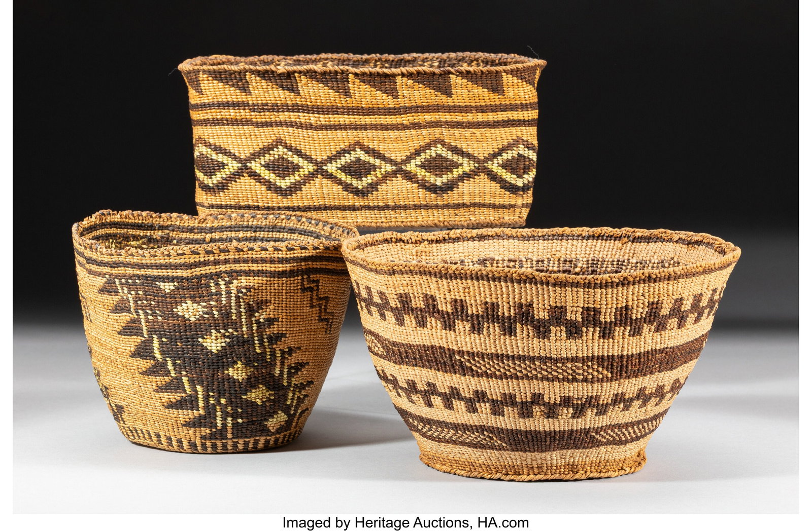 Three Klamath Twined Baskets c. 1900 pine root (1 of 2)