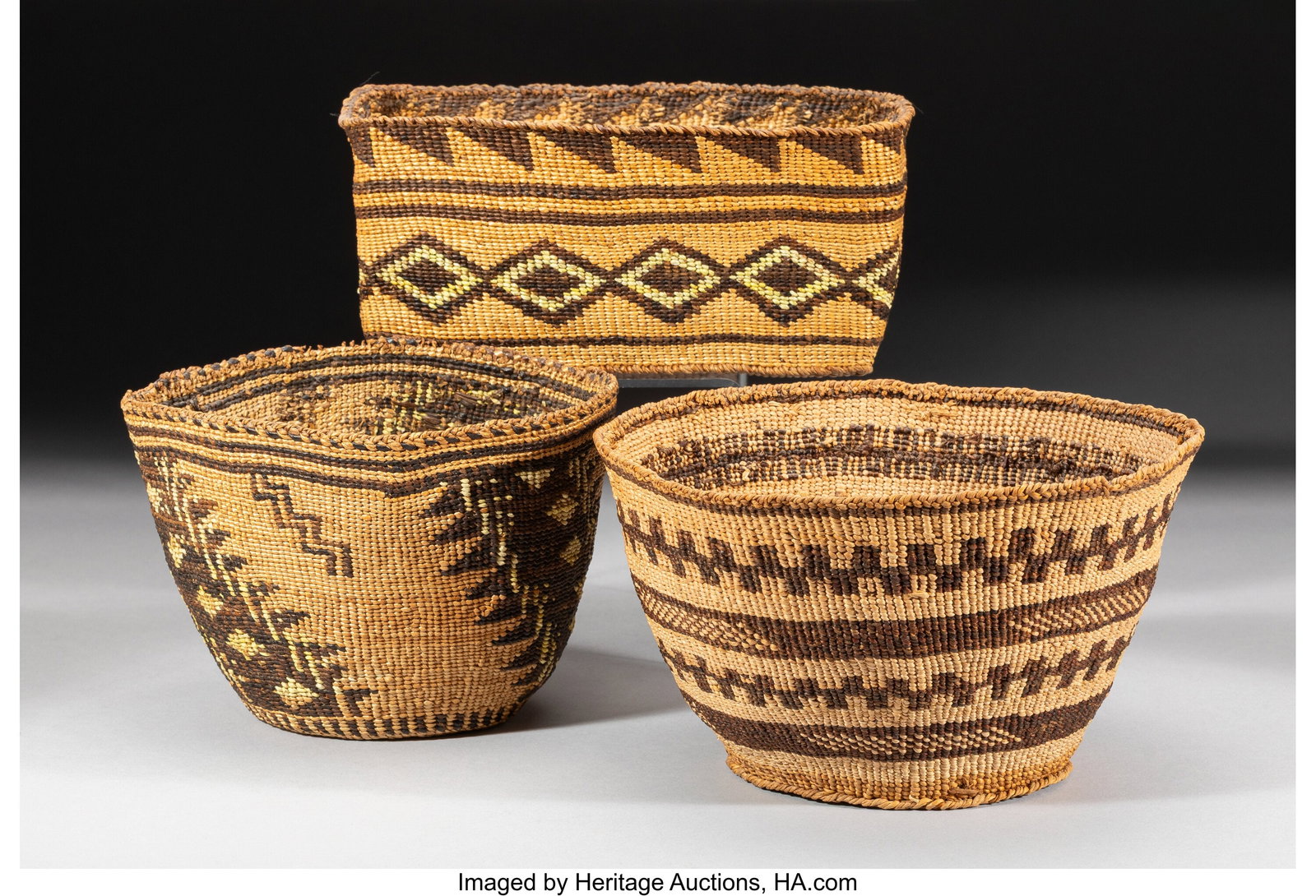 Three Klamath Twined Baskets c. 1900 pine root - 2