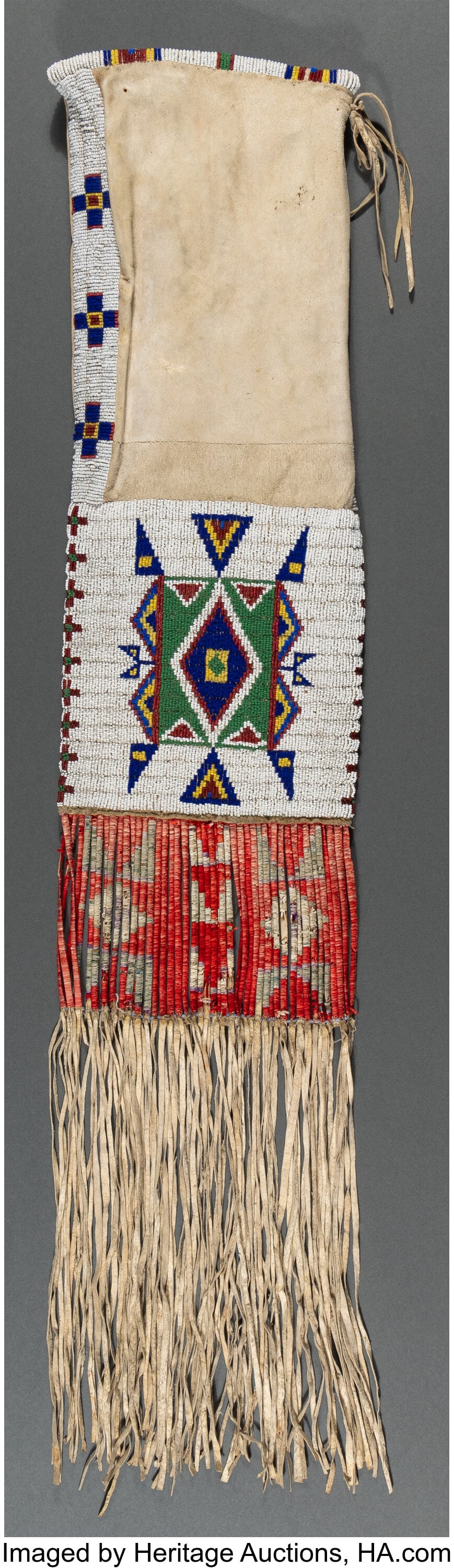 A Sioux Beaded Hide Tobacco Bag c. 1890 hide, : A Sioux Beaded Hide Tobacco Bag c. 1890 hide, glass seed beads, natural and dyed porcupine quills, sinew Length: 38 overall HID03101062020 © 2026 Heritage Auctions 
