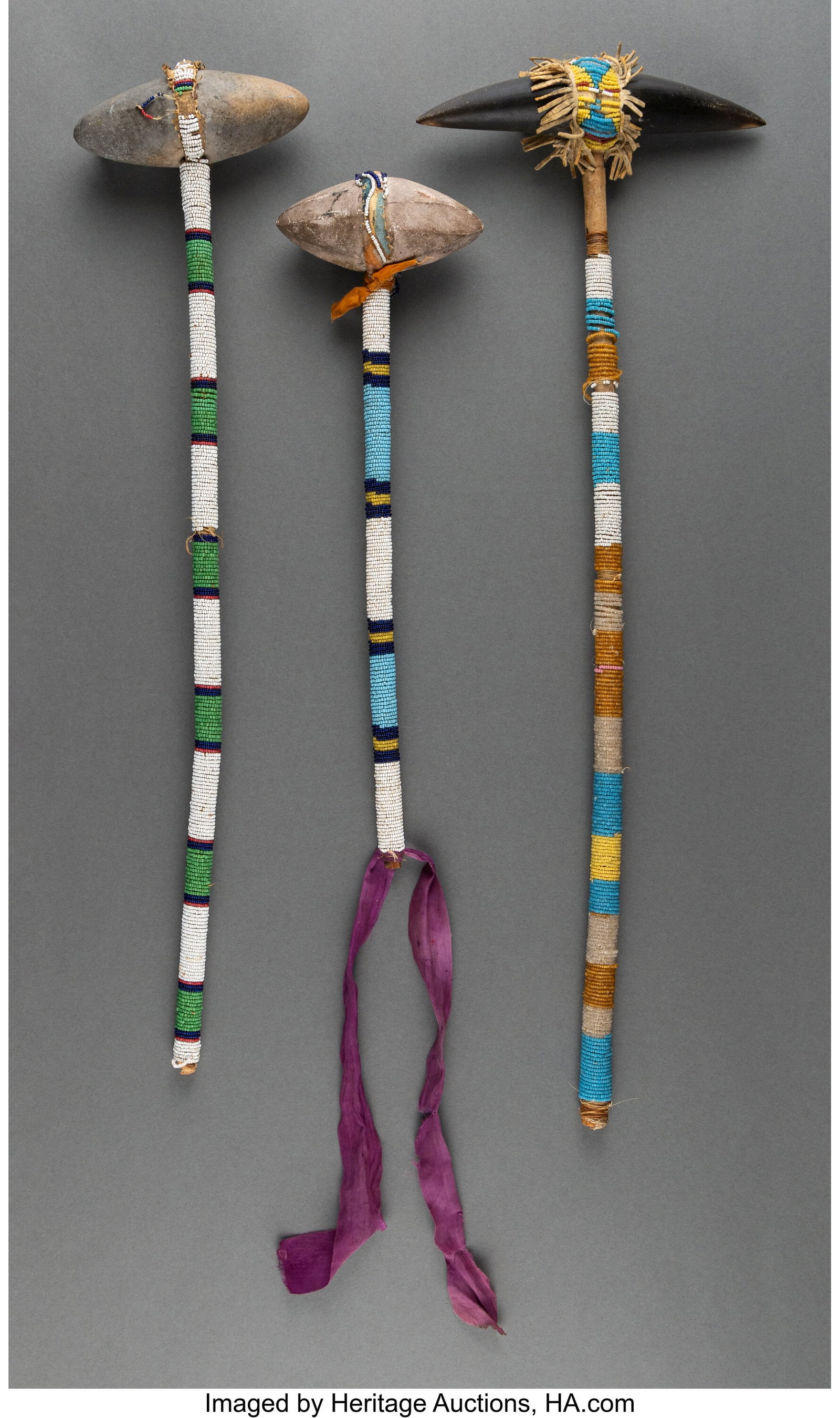 Three Plains Beaded Ceremonial Clubs c. 1900 w (1 of 2)