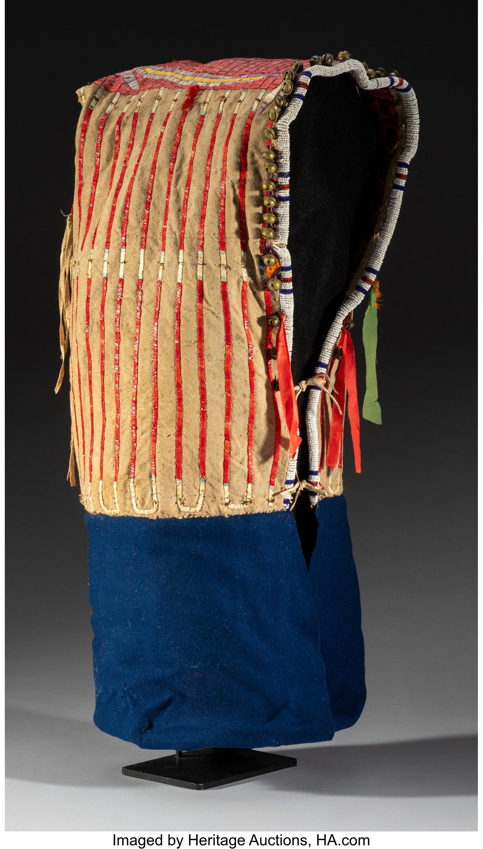 A Sioux Quilled and Beaded Hide Baby Carrier c.: A Sioux Quilled and Beaded Hide Baby Carrier c. 1880 hide, natural and dyed porcupine quills, glass seed beads, cotton cloth, navy blue wool trade cloth, brass haw