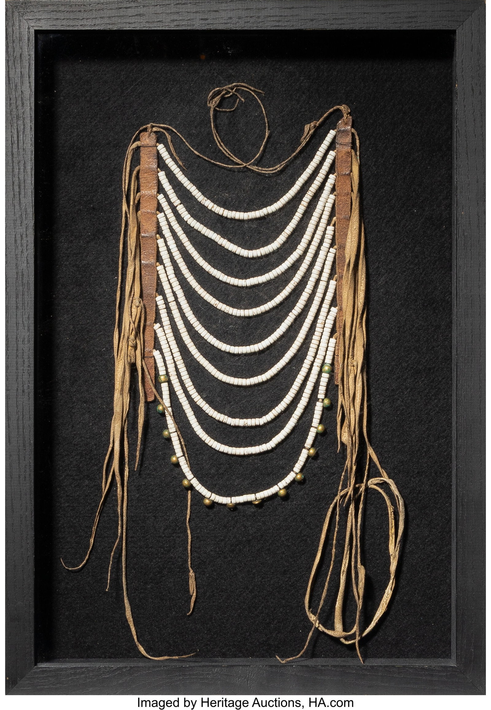 A Crow Loop Necklace c. 1880 shell, commercial: A Crow Loop Necklace c. 1880 shell, commercial leather, hide, small brass buttons, framed Note: This lot is accompanied by a photograph of the necklace, the 