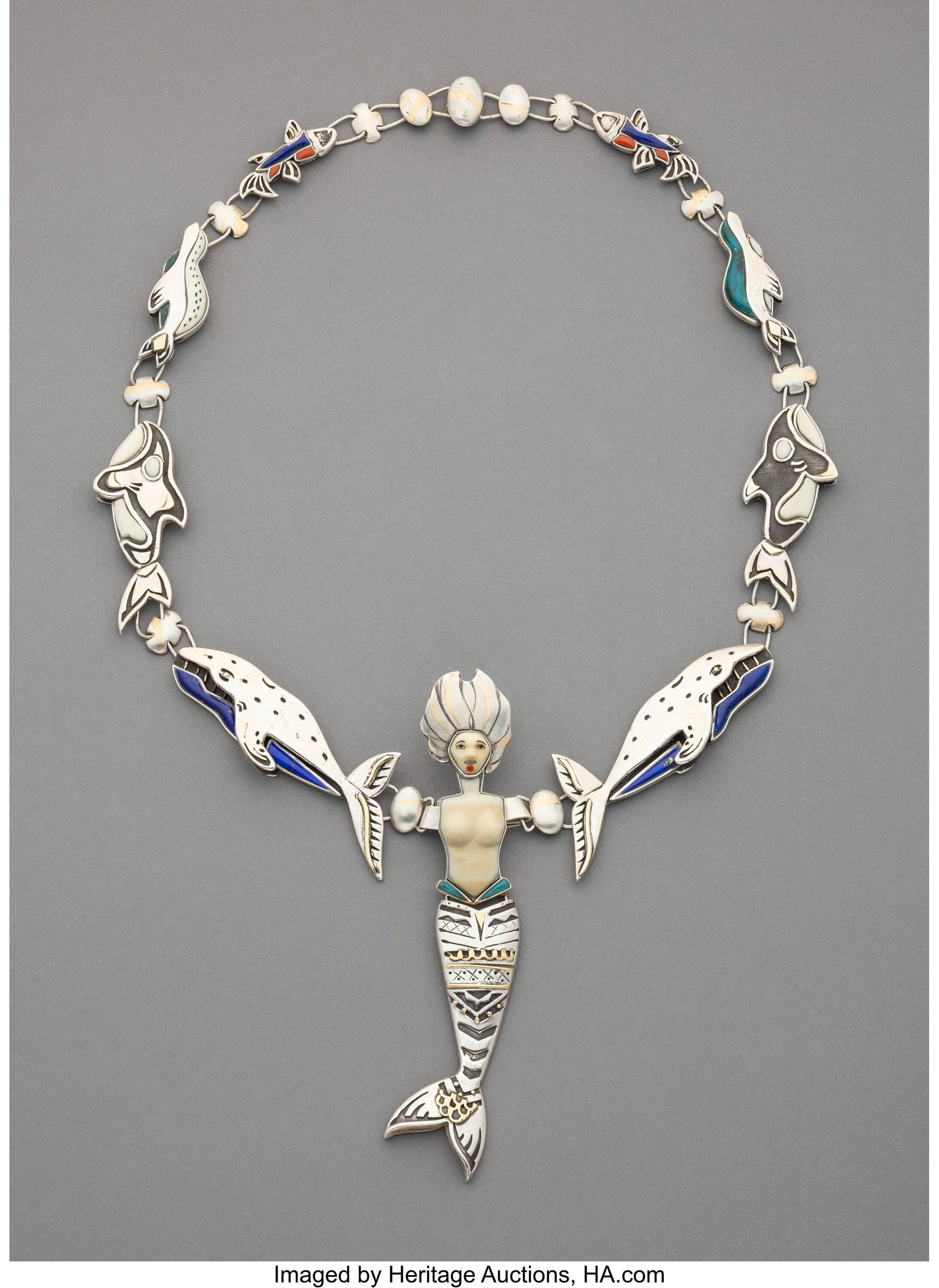 An Alaskan Eskimo Necklace Story of Sedna Dawn: An Alaskan Eskimo Necklace Story of Sedna Dawn Wallace c. 2004 stamped Dawn Wallace. etched Sterling, 14K, 2004, silver, 14K gold, lapis, coral,