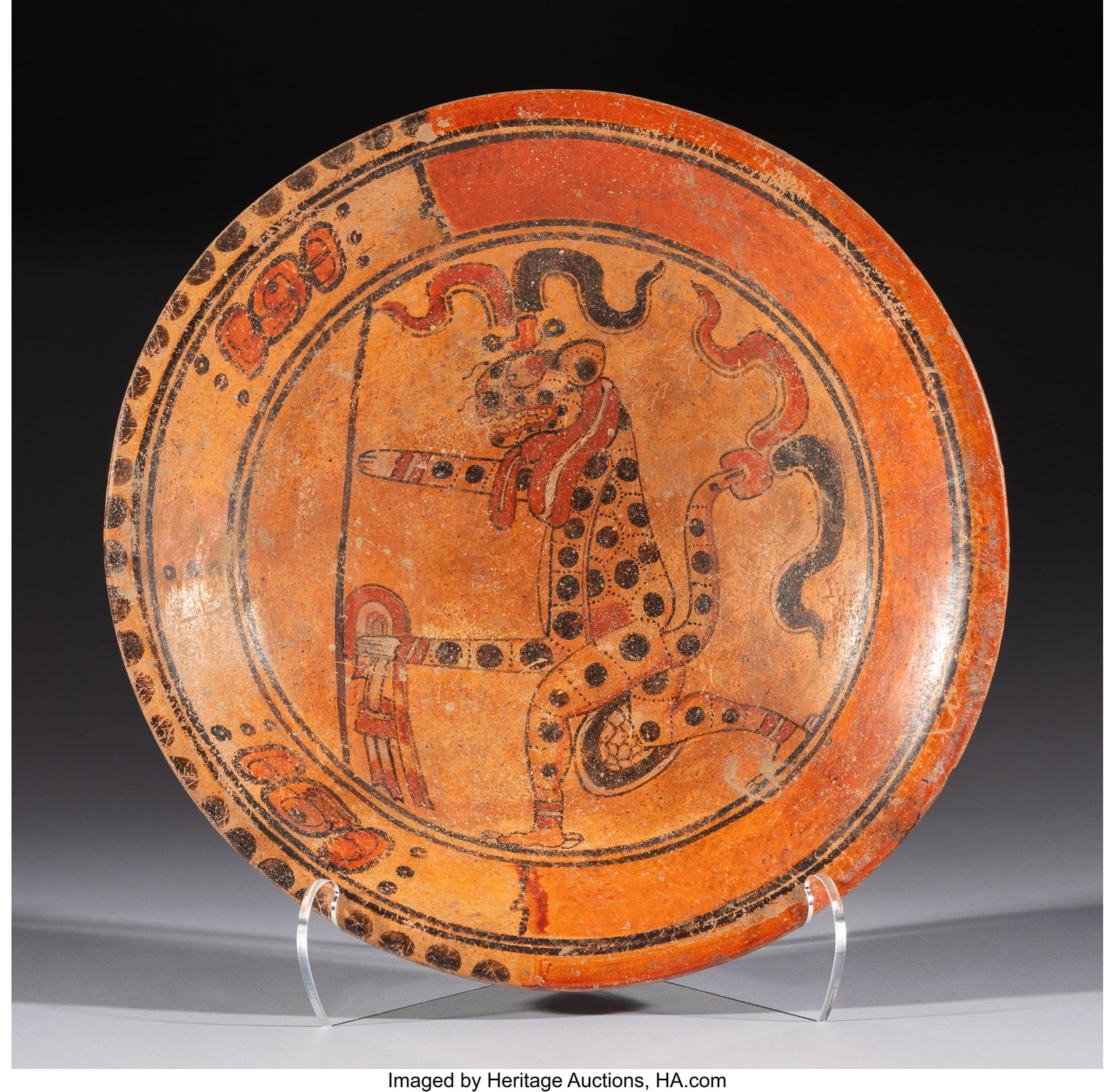 A Maya Tripod Plate with Jaguar Figure Mesoamer (1 of 3)