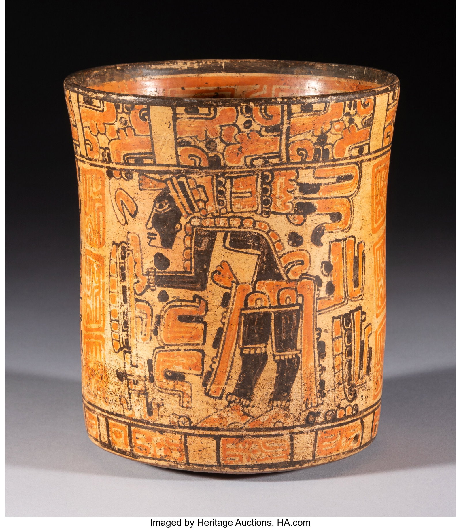 A Superb Maya Vase with False Bottom El Petén,: A Superb Maya Vase with False Bottom El Petén, Guatemala, c. 600–800 AD Hollow ceramic, painted in a striking palette limited to orange and black on a cream groun