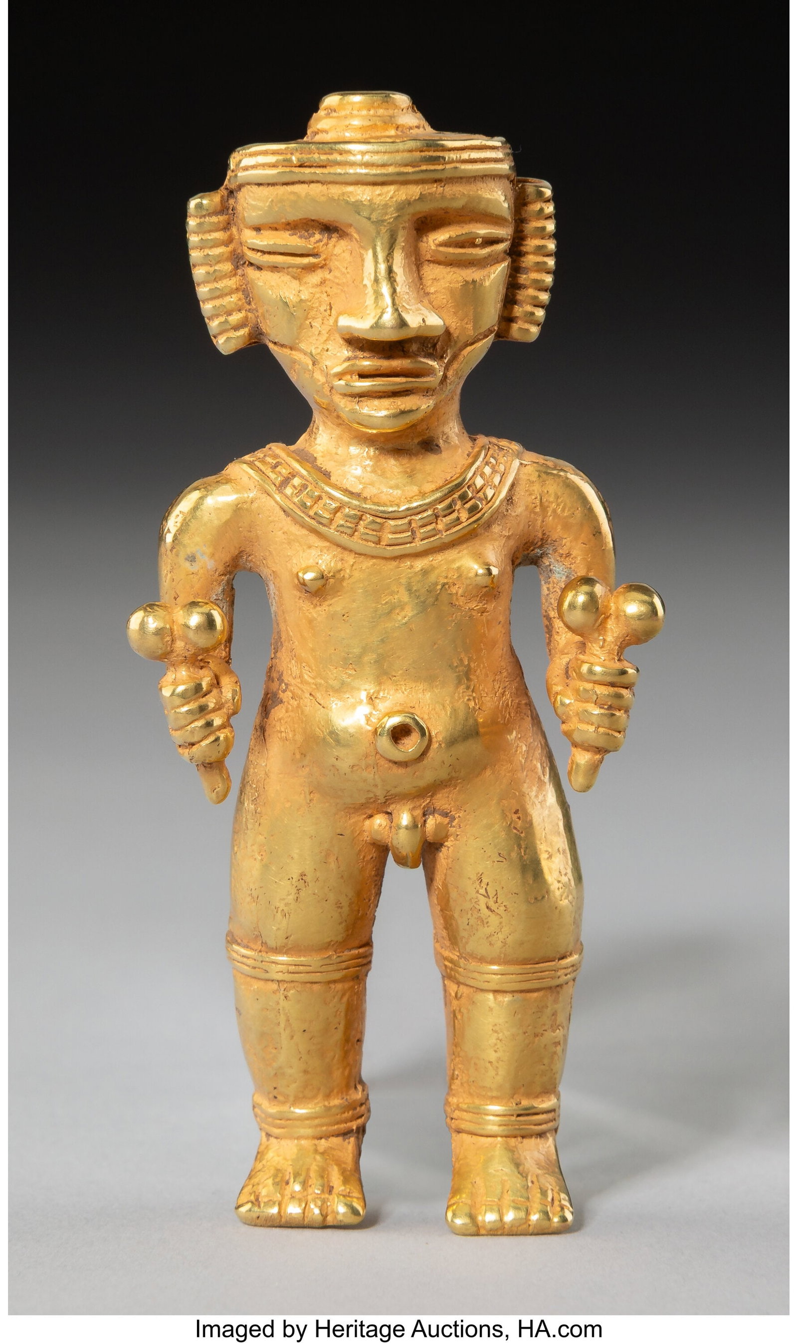A Quimbaya-Urabá Figural Pendant Colombia, c. : A Quimbaya-Urabá Figural Pendant Colombia, c. 200–800 AD Hollow cast in gold alloy (tumbaga), this pendant takes the form of a standing male figure holding tw