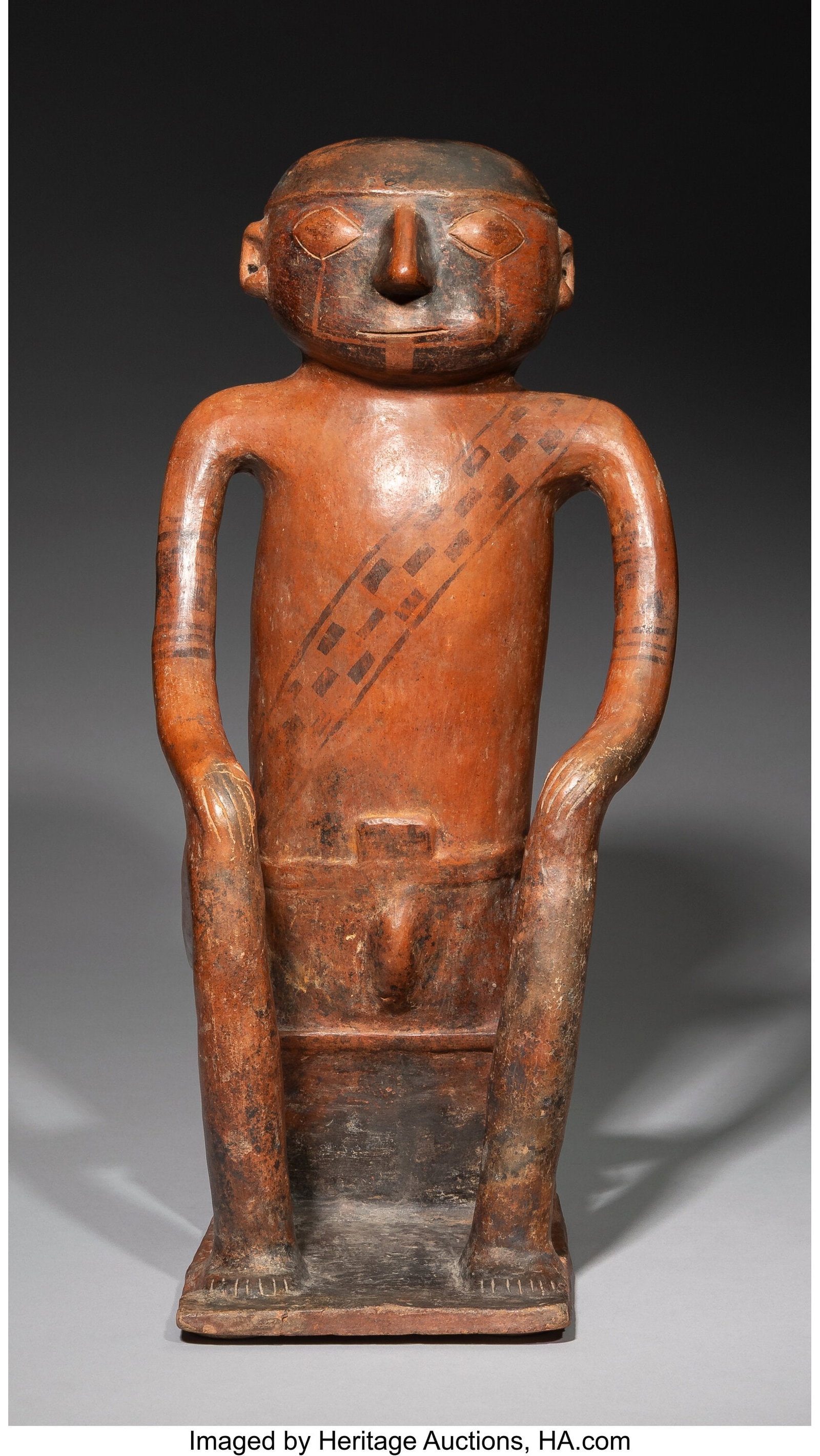 A Nariño Coquero Seated Male Bench Figure Col: A Nariño Coquero Seated Male Bench Figure Colombia / Ecuador border region, c. 800–1500 AD Hollow ceramic with burnished red-brown and black slips. This unusually 