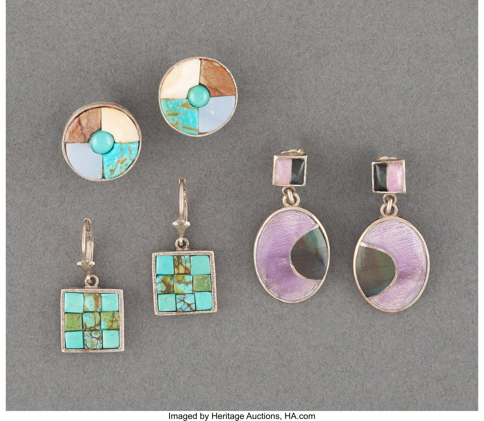 Three Pairs of Hopi Earrings Bennard Dallasvya: Three Pairs of Hopi Earrings Bennard Dallasvyaoma each stamped DD, Sterling, silver, turquoise, ironwood, opal, blue agate, amethyst, quartz Lengths&col