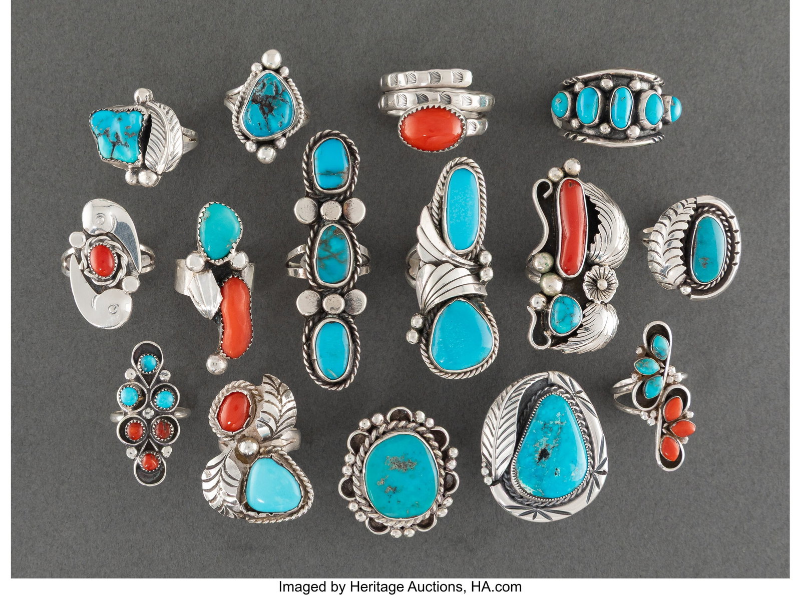 Fifteen Southwest Rings c. 1980 - 2000 silver: Fifteen Southwest Rings c. 1980 - 2000 silver, turquoise, coral Sizes: ranging from 5 to 9 &frac12; HID03101062020 © 2026 Heritage Auctions | All Rights Res