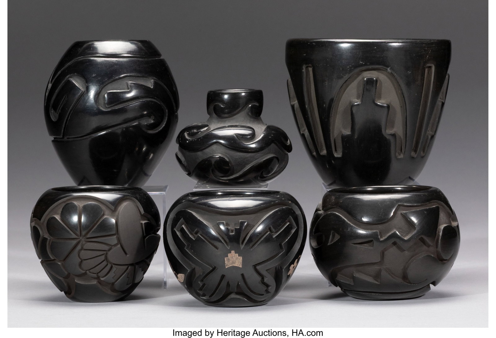Six Santa Clara Carved Blackware Vessels c. 19 (1 of 3)