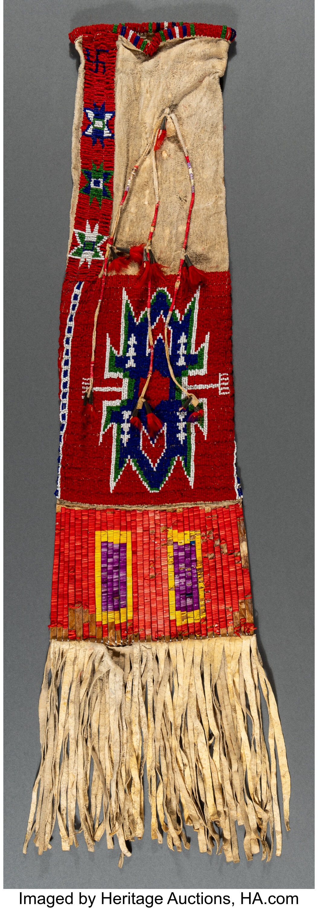 A Sioux Beaded Hide Tobacco Bag c. 1920 hide, (1 of 2)
