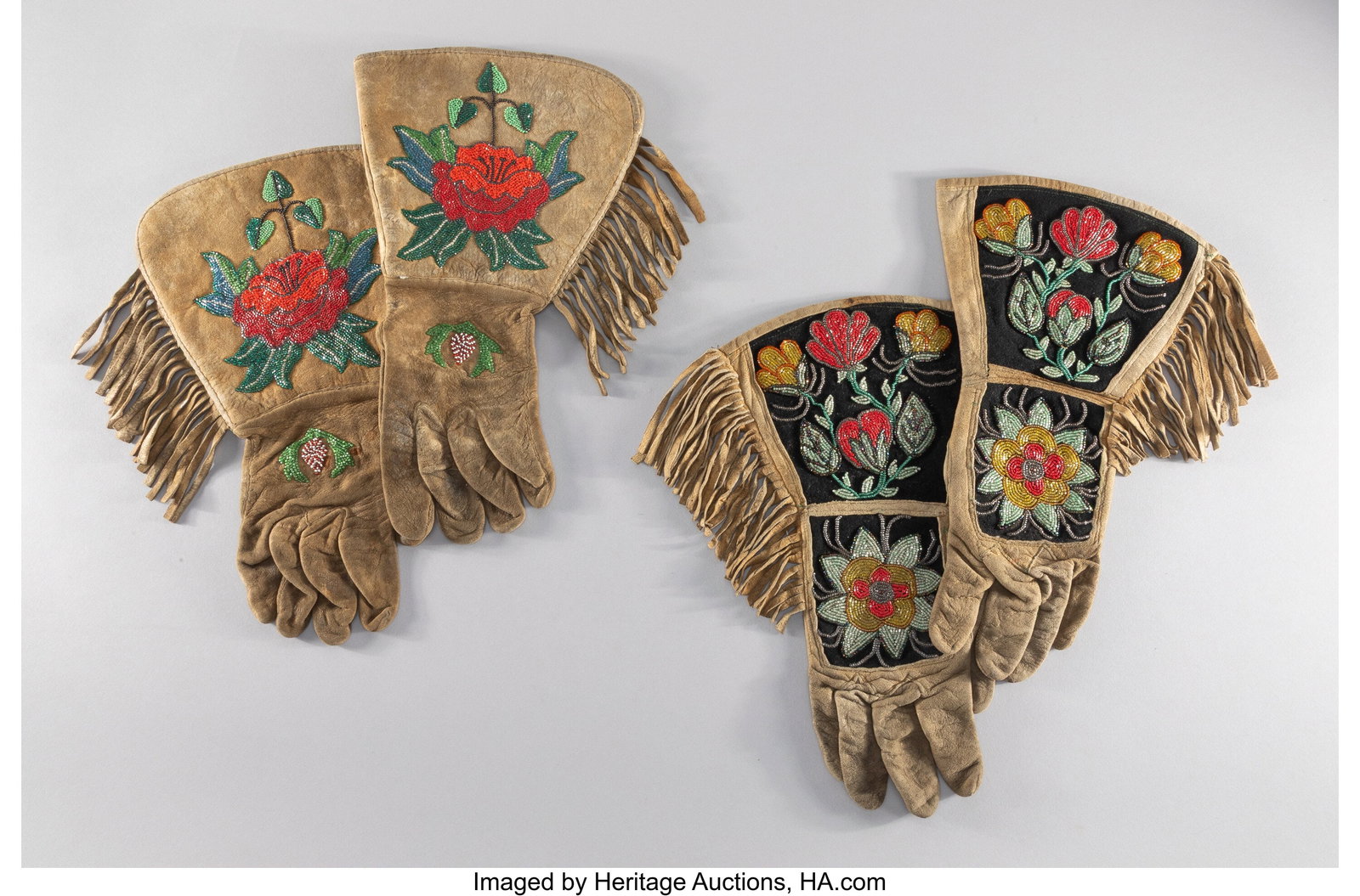 Two Pairs of Plateau Beaded Hide Gauntlets c.  (1 of 5)