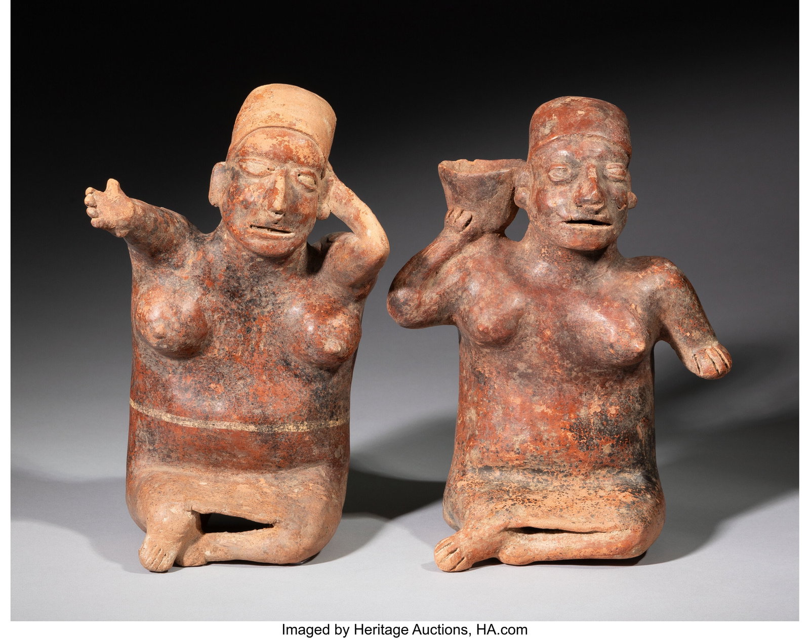 Two Jalisco Seated Female Figures West Mexico, : Two Jalisco Seated Female Figures West Mexico, c. 250 BC - 250 AD One holding a bowl to her proper right shoulder; the other with right arm extended. Each hollow ceramic with