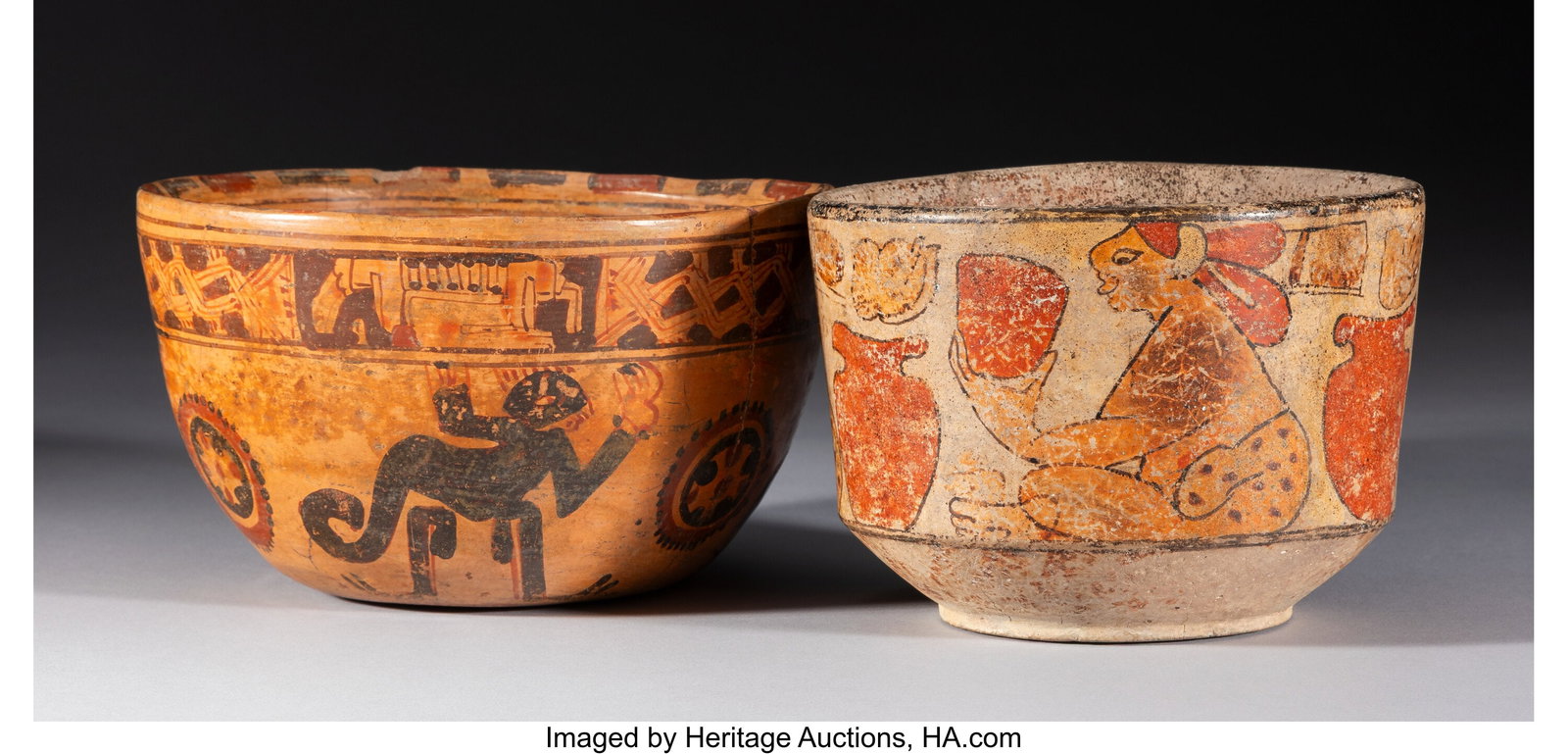 Two Maya Polychrome Bowls Mesoamerica, c. AD 5: Two Maya Polychrome Bowls Mesoamerica, c. AD 500–800 The smaller bowl is painted with a scene of three seated young lords, each leaning forward and wearing a jaguar pelt