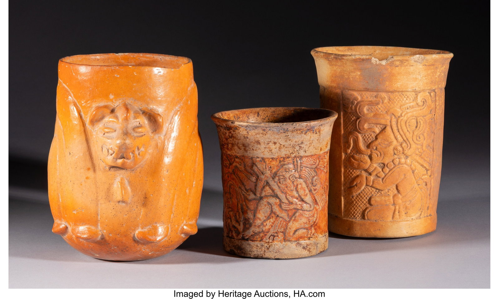 Three Maya Vases Mesoamerica, c. 500–800 AD : Three Maya Vases Mesoamerica, c. 500–800 AD The smallest is a press-molded cylinder with a flaring rim, its surface organized into two figural panels. One shows a