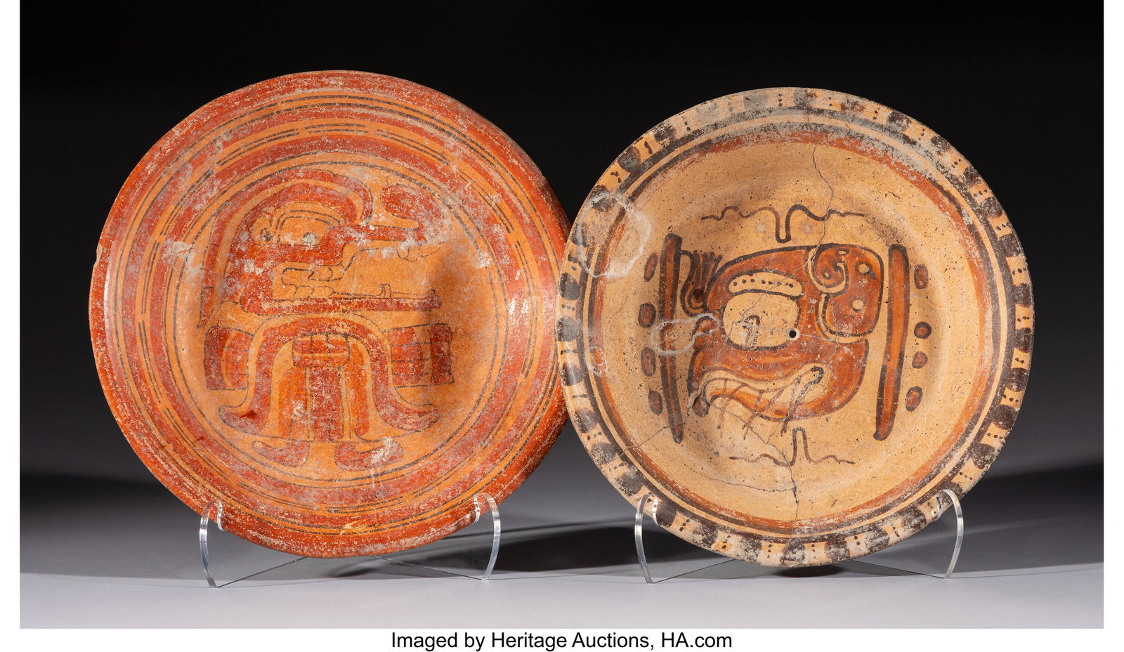 Two Maya Polychrome Plates Mesoamerica, c. AD : Two Maya Polychrome Plates Mesoamerica, c. AD 500–800 The first plate is centered by a large glyphic image in the form of a profile zoomorphic head with an avian beak,