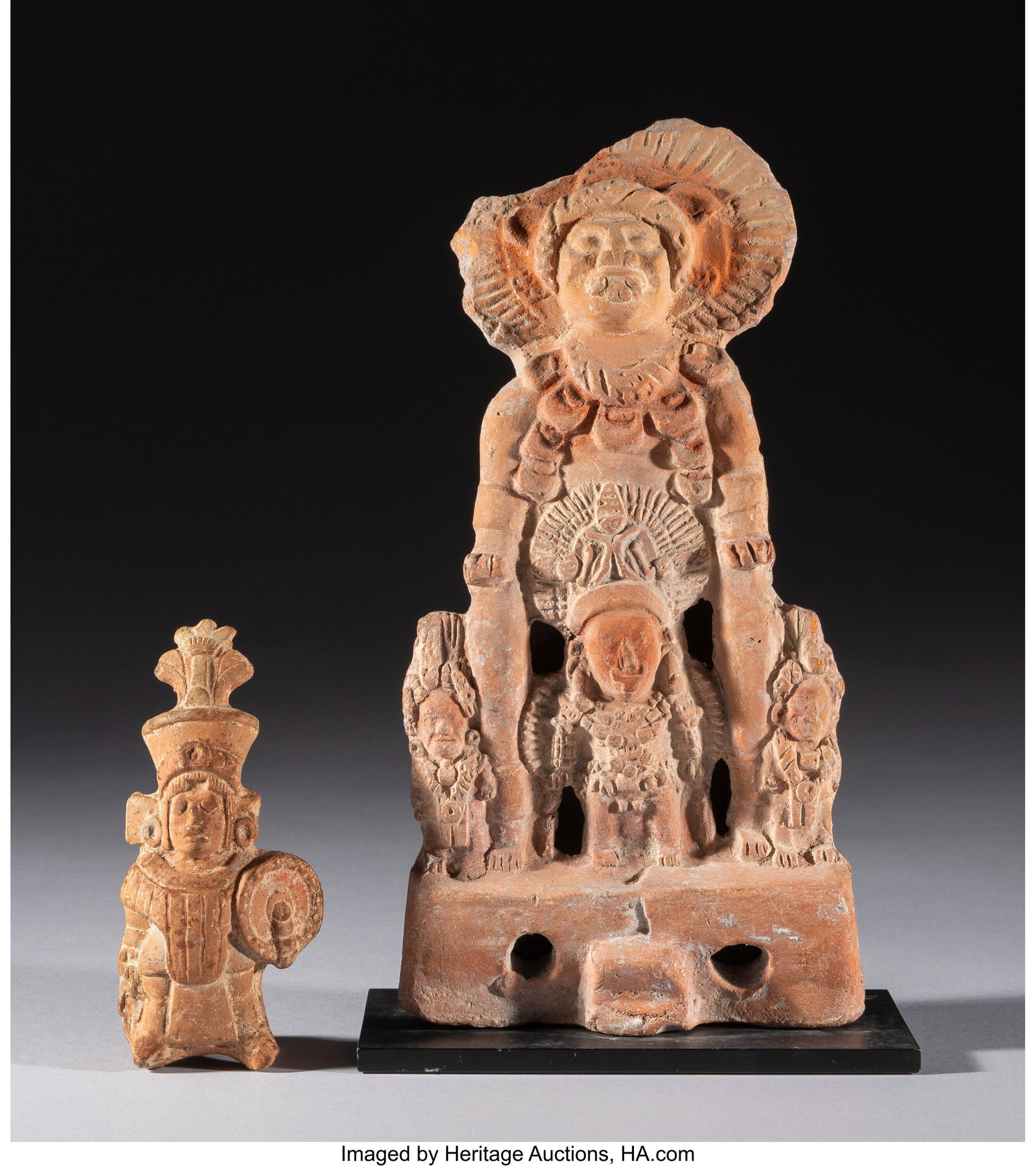 Two Maya Mold-made Figures Mesoamerica, Jaina : Two Maya Mold-made Figures Mesoamerica, Jaina region, Campeche, c. 600–900 AD Hollow ceramic in pink and buff clay. This appealing pair comprises a small whistle 
