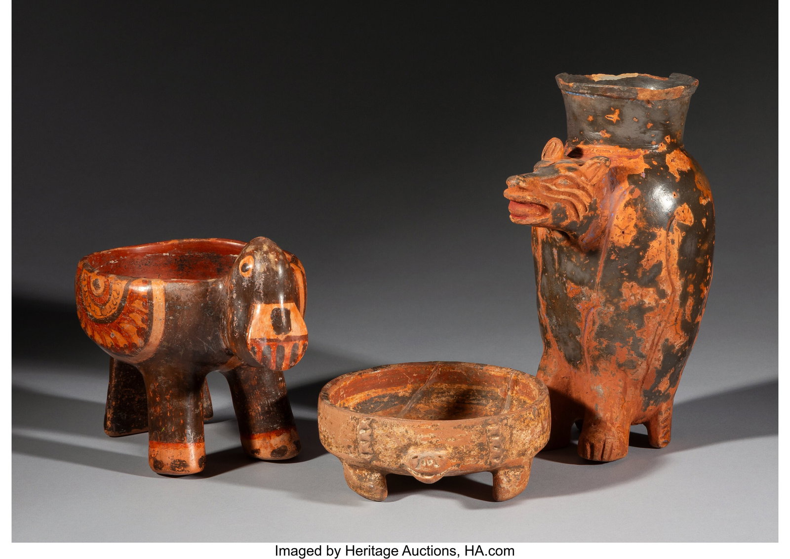Three Maya Ceramic Effigy Vessels Mesoamerica,: Three Maya Ceramic Effigy Vessels Mesoamerica, c. 600–900 AD This varied group comprises a small shallow bowl in the form of a toad; a polychrome bowl modeled as a standing