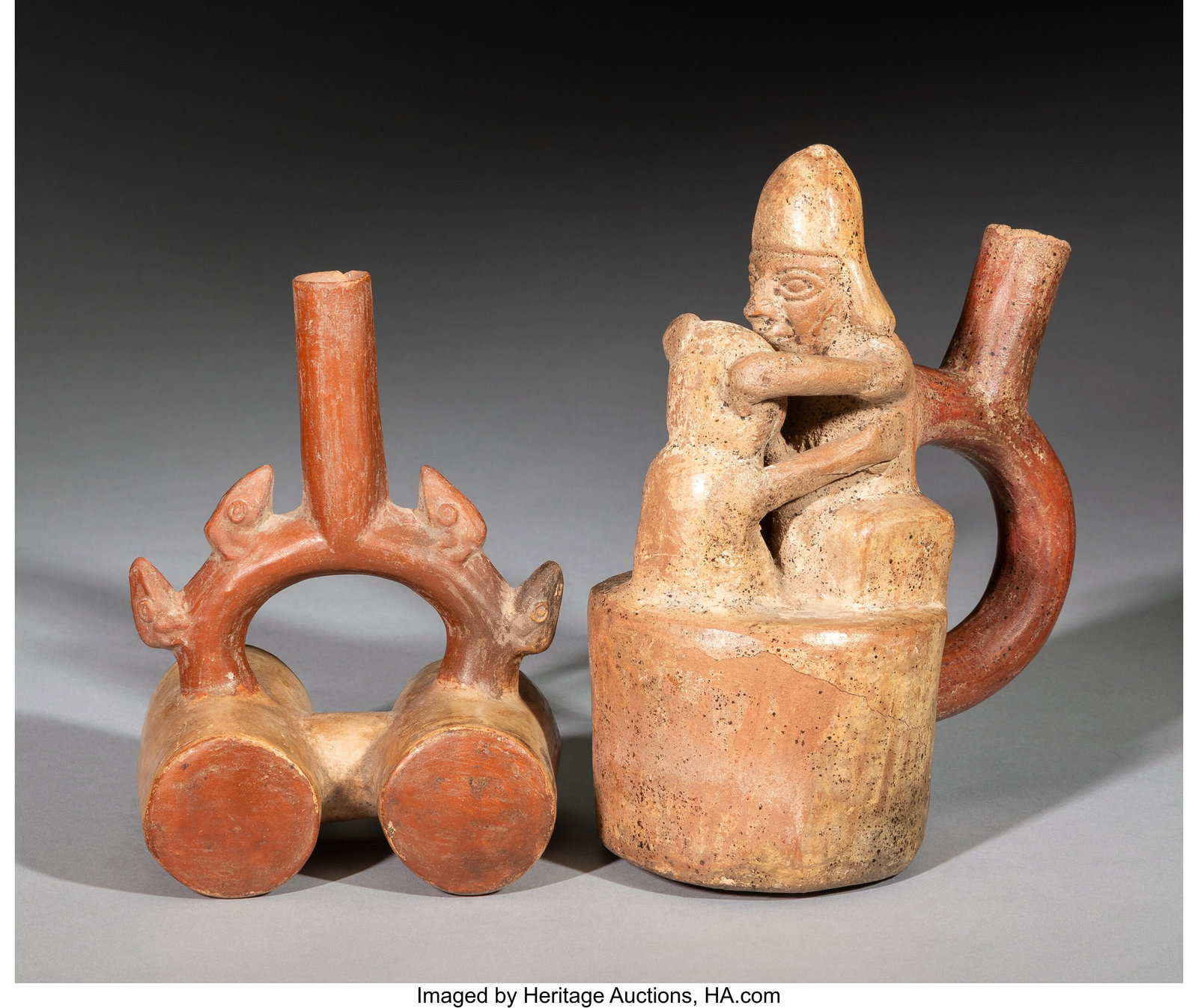 A Moche Erotic Vessel and A Chimu Double-Chamber: A Moche Erotic Vessel and A Chimu Double-Chambered Vessel Heights: 6 &frac12; and 7 &frac12; inches HID03101062020 © 2026 Heritage Auctions | All Rights Reserved www&