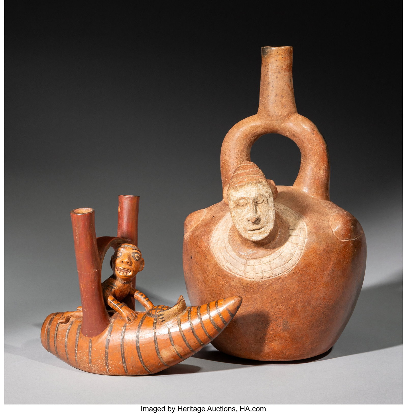 Two Moche Vessels Peru, c. AD 200–800 The fi: Two Moche Vessels Peru, c. AD 200–800 The first depicts a figure astride a reed boat, with a turtle and fish arranged at the prow as the day's catch. Twin spouts rise