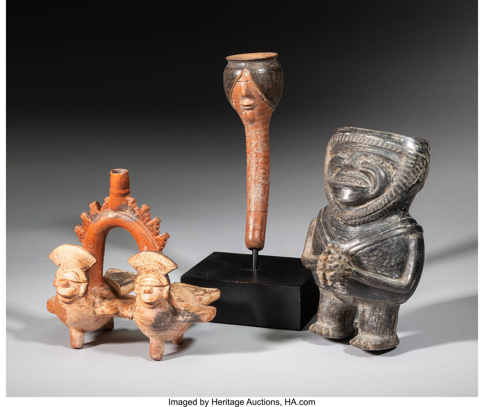 Three Peruvian Ceramic Items including a pipe - 2