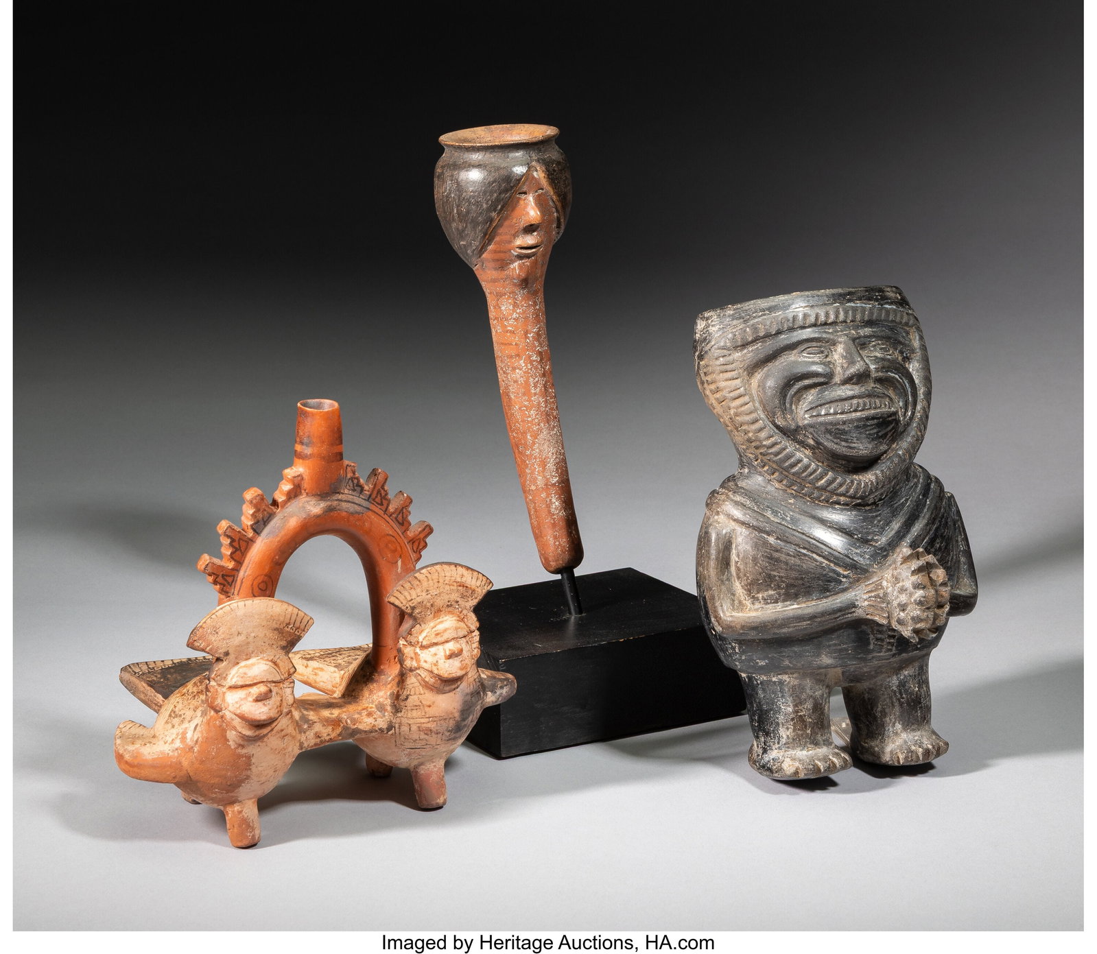 Three Peruvian Ceramic Items including a pipe - 3