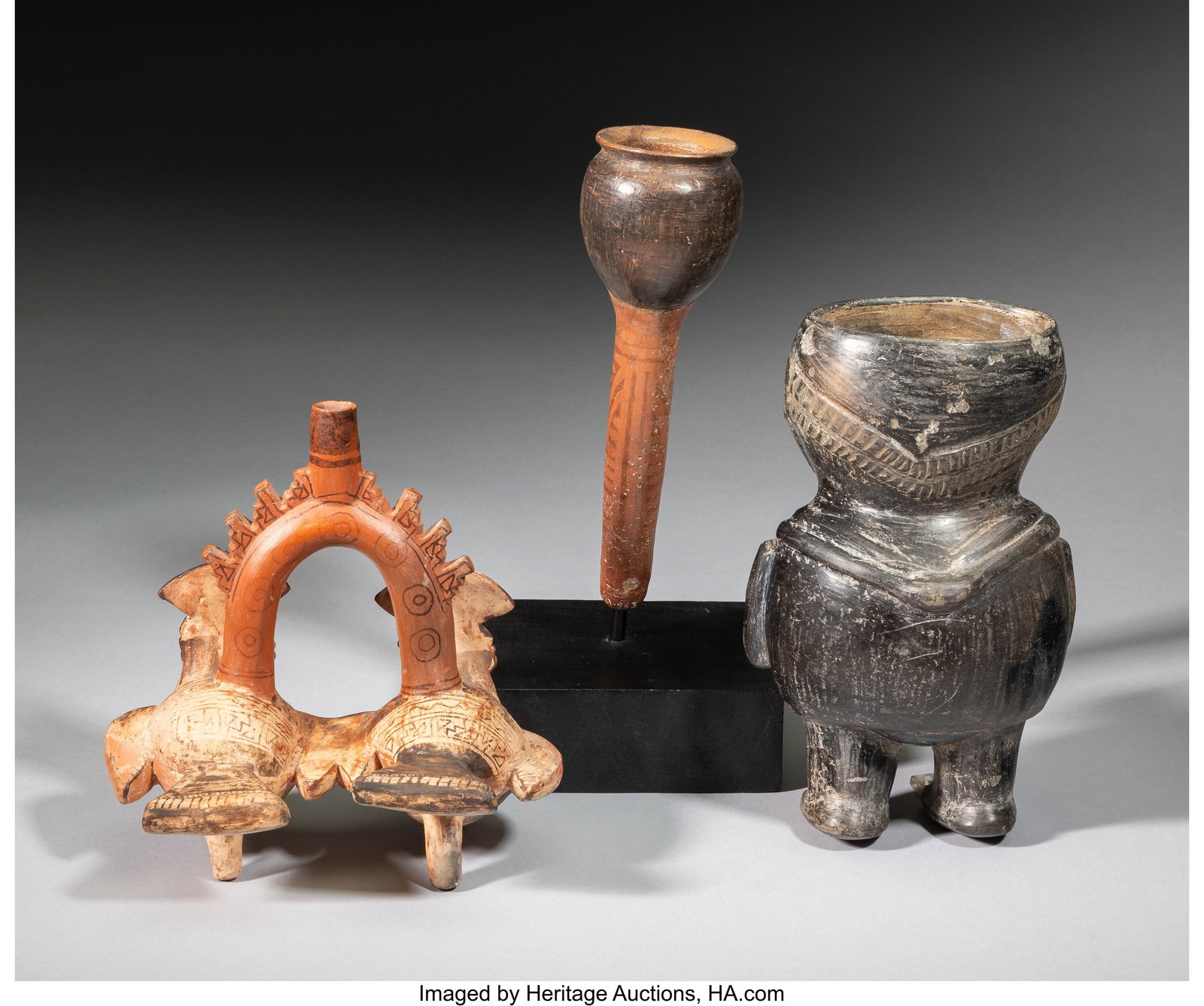 Three Peruvian Ceramic Items including a pipe - 4