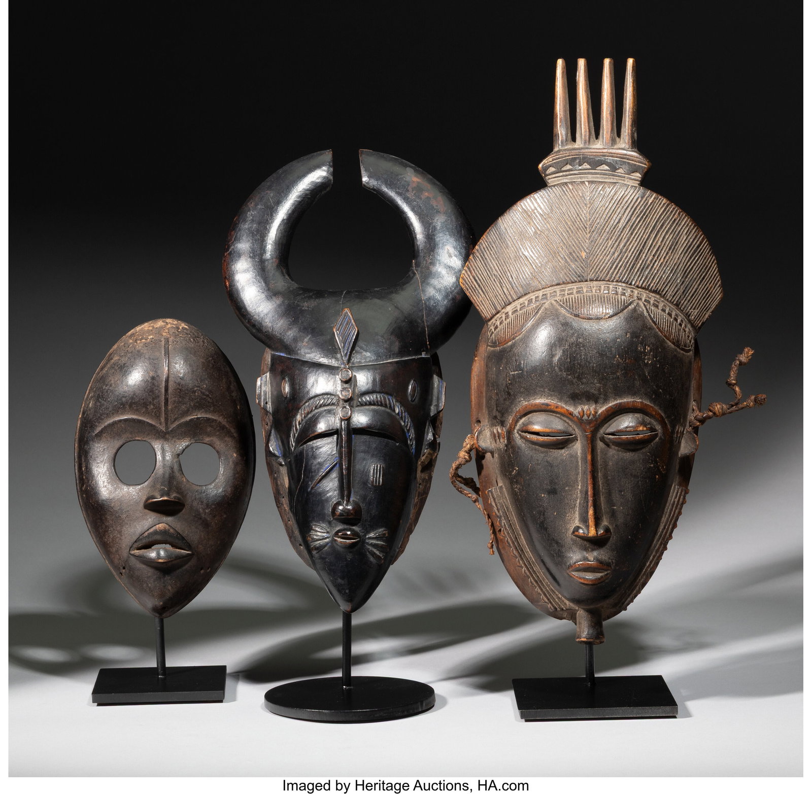 Three African Face Masks Cote d'Ivoire, 20th c (1 of 4)