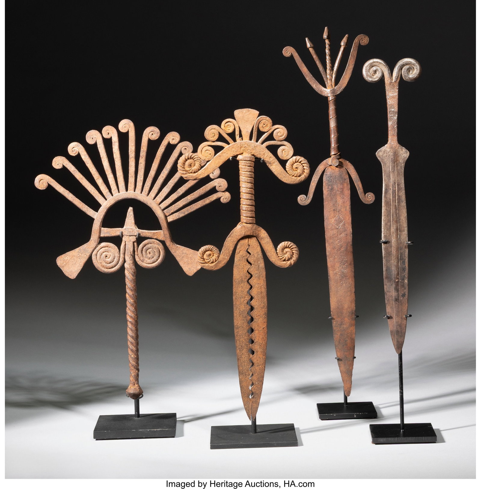 Four African Ritual Iron Staffs with Elaborate H (1 of 2)