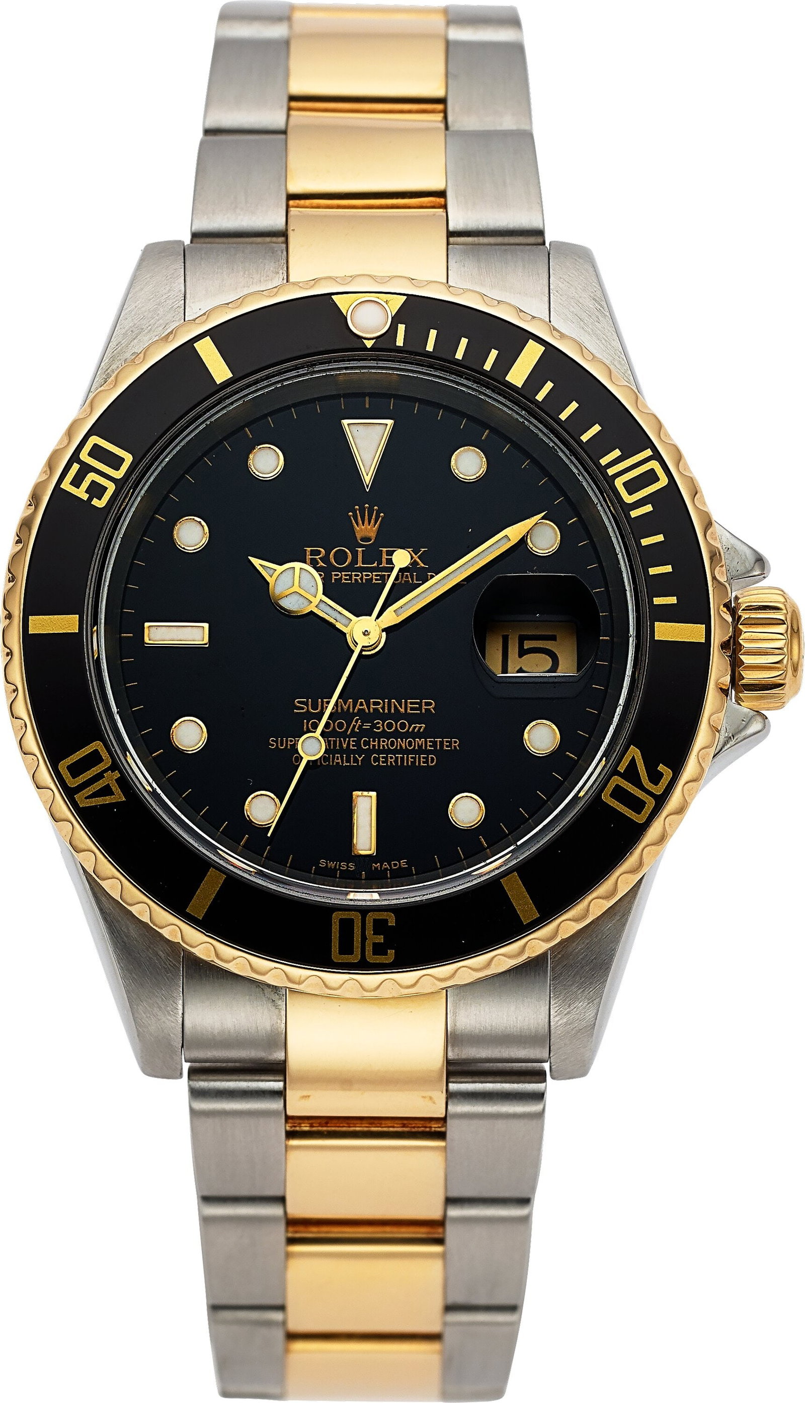Rolex Oyster Perpetual Date Submariner, Steel an: Rolex Oyster Perpetual Date Submariner, Steel and 18k Yellow Gold, Ref. 16613 Case: 40 mm, stainless steel and 18k yellow gold, three body, screw-down case