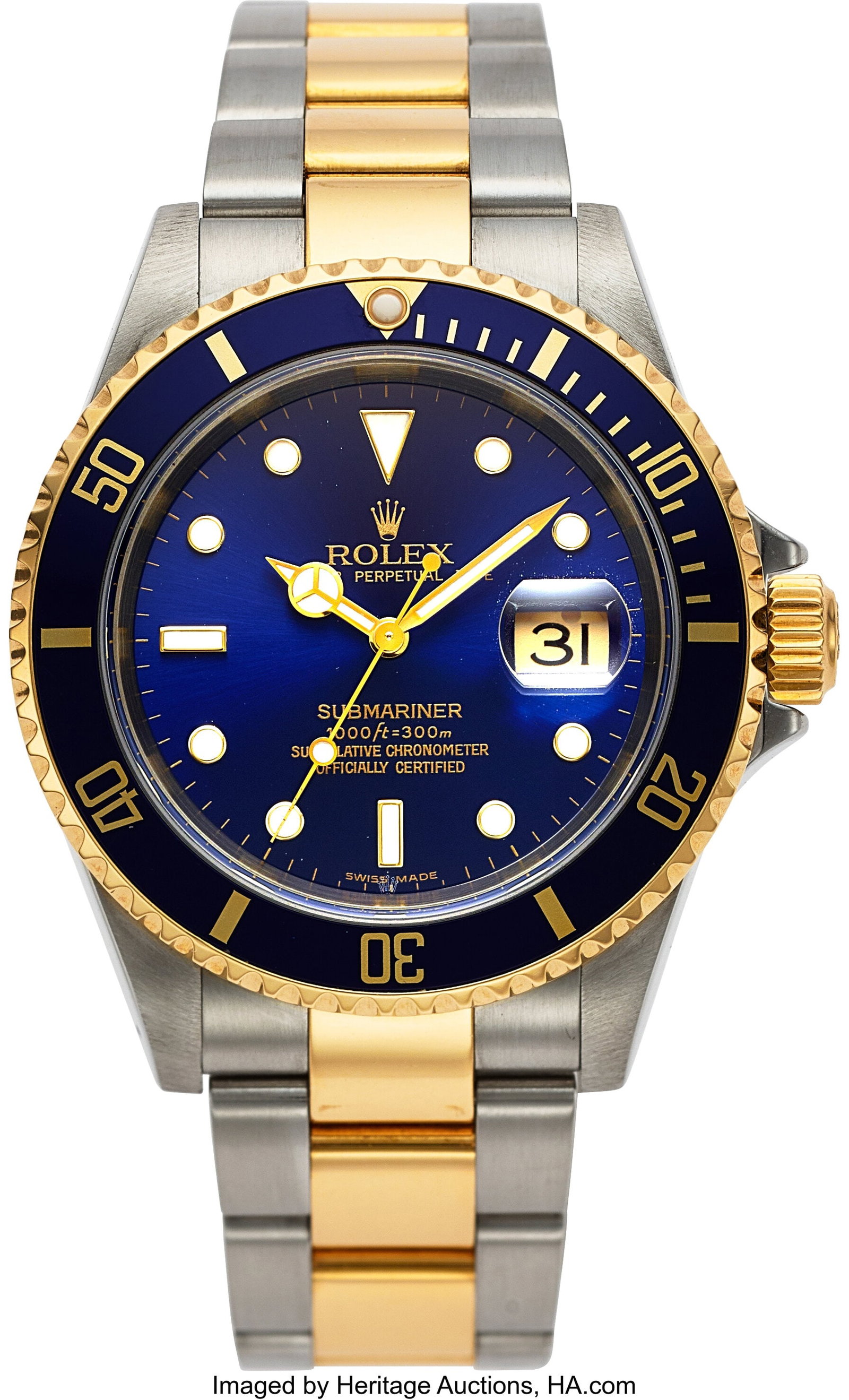Rolex Date Submariner, Two Tone Steel and 18k Ye: Rolex Date Submariner, Two Tone Steel and 18k Yellow Gold, Ref. 16613 Case: 40 mm, stainless steel and 18k yellow gold, three body, screw down case back and 