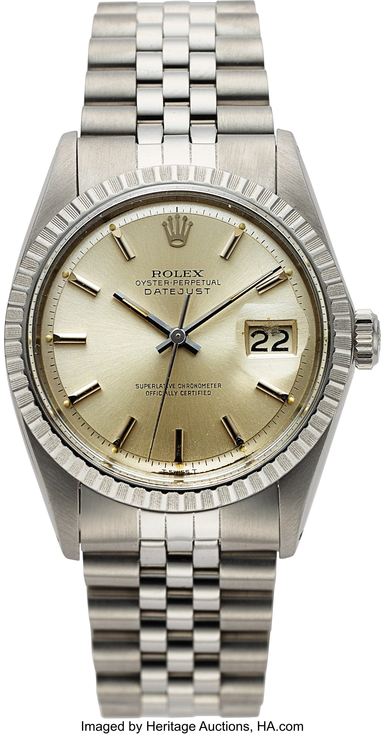 Rolex Oyster Perpetual Datejust 36, Ref. 1603 C: Rolex Oyster Perpetual Datejust 36, Ref. 1603 Case: 36 mm, stainless steel, three body, screw-down case back and crown, fixed engine turned bezel,