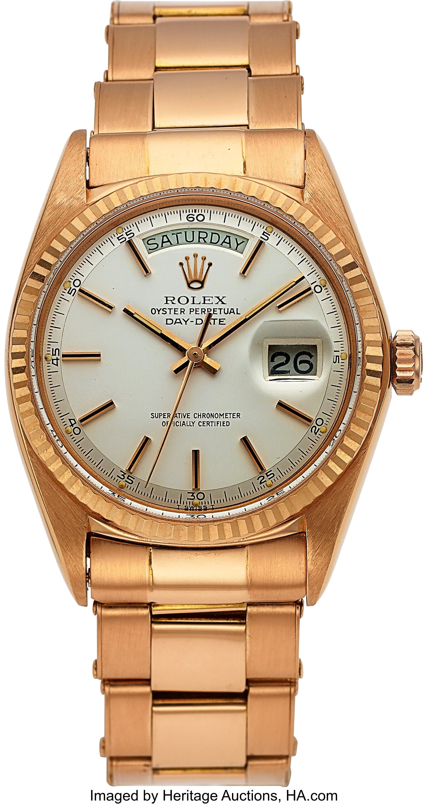 Rolex Oyster Perpetual 18k Rose Gold Day-Date, R: Rolex Oyster Perpetual 18k Rose Gold Day-Date, Ref. 1803 Case: 36 mm, 18k rose gold, three body, screw-down case back and crown, and fixed fluted