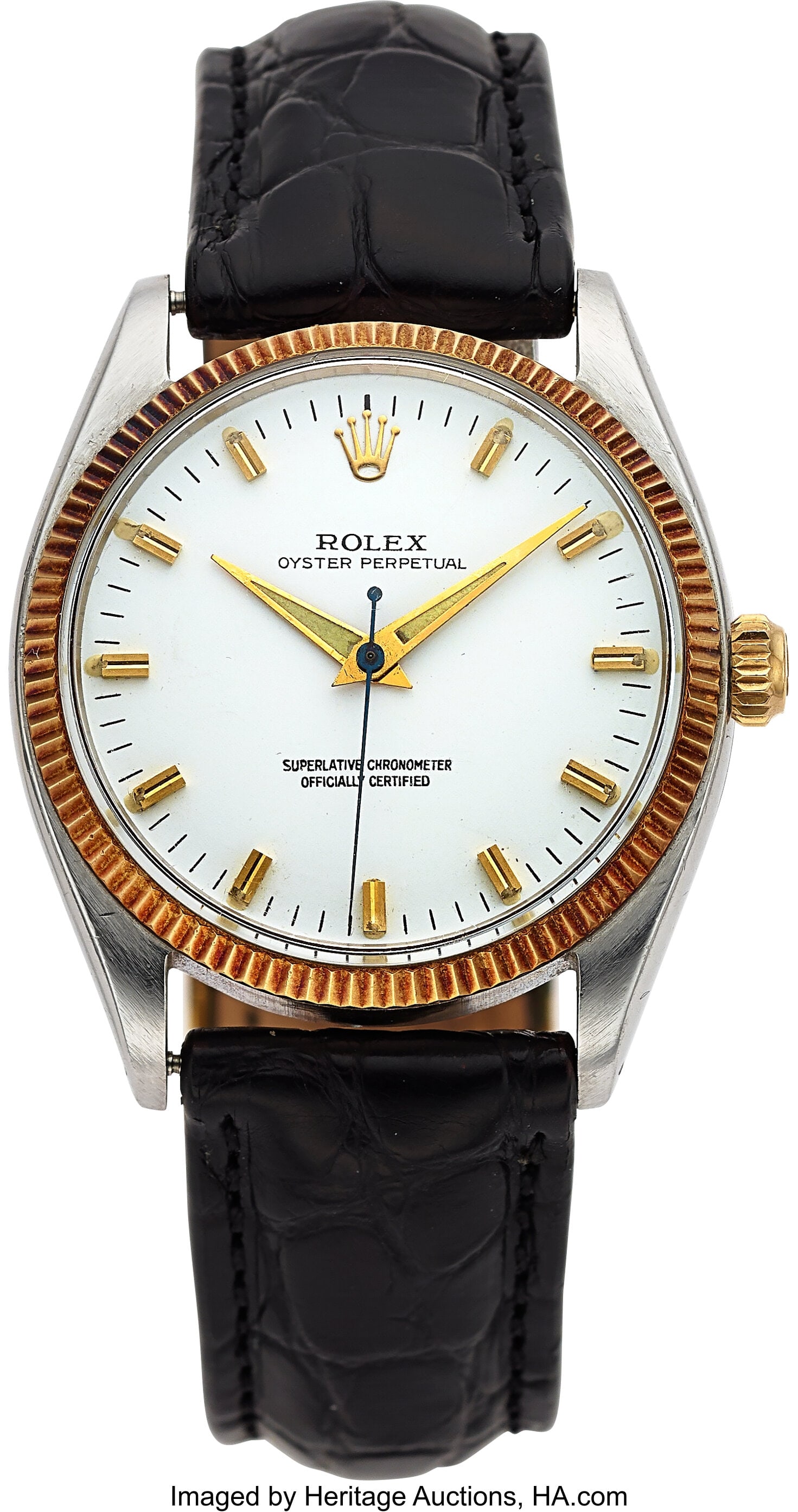 Rolex, Vintage Steel & Gold Ref. 6567 Datejust, : Rolex, Vintage Steel & Gold Ref. 6567 Datejust, COSC Papers, circa 1959 Case: 33 mm, stainless steel, 14k gold bezel, three body, fluted beze