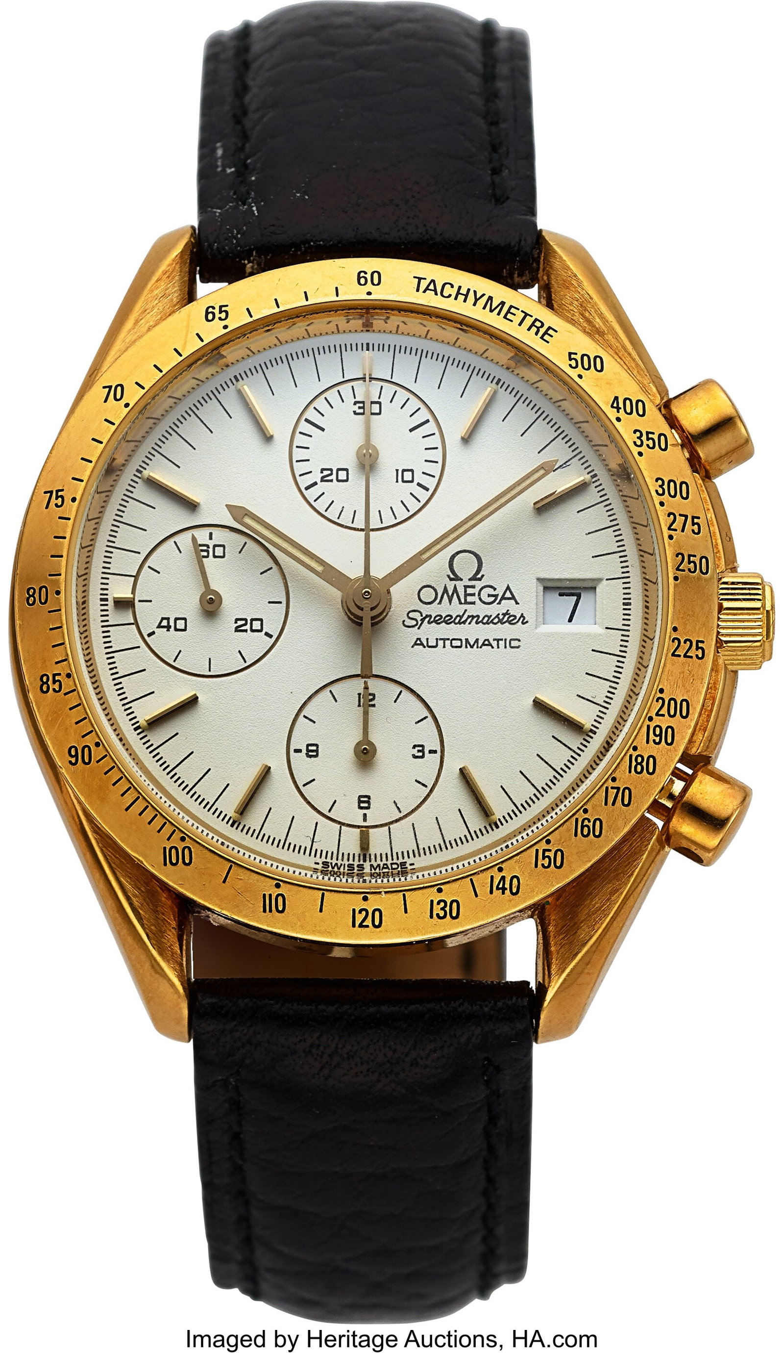 Omega 18k Gold Speedmaster Automatic Chronograph: Omega 18k Gold Speedmaster Automatic Chronograph, Ref. 3611.20 circa 1995 Case: 39 mm, 18k gold, three body, solid case back with embossed logo, fixed