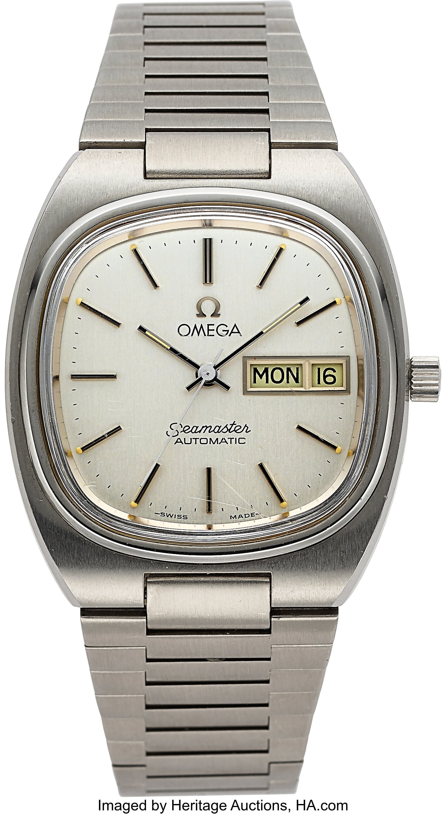 Omega Seamaster, Automatic, Stainless Steel Cas: Omega Seamaster, Automatic, Stainless Steel Case: 35 mm, stainless steel, three body, snap-on case back Dial: silvered dial, black bar hour