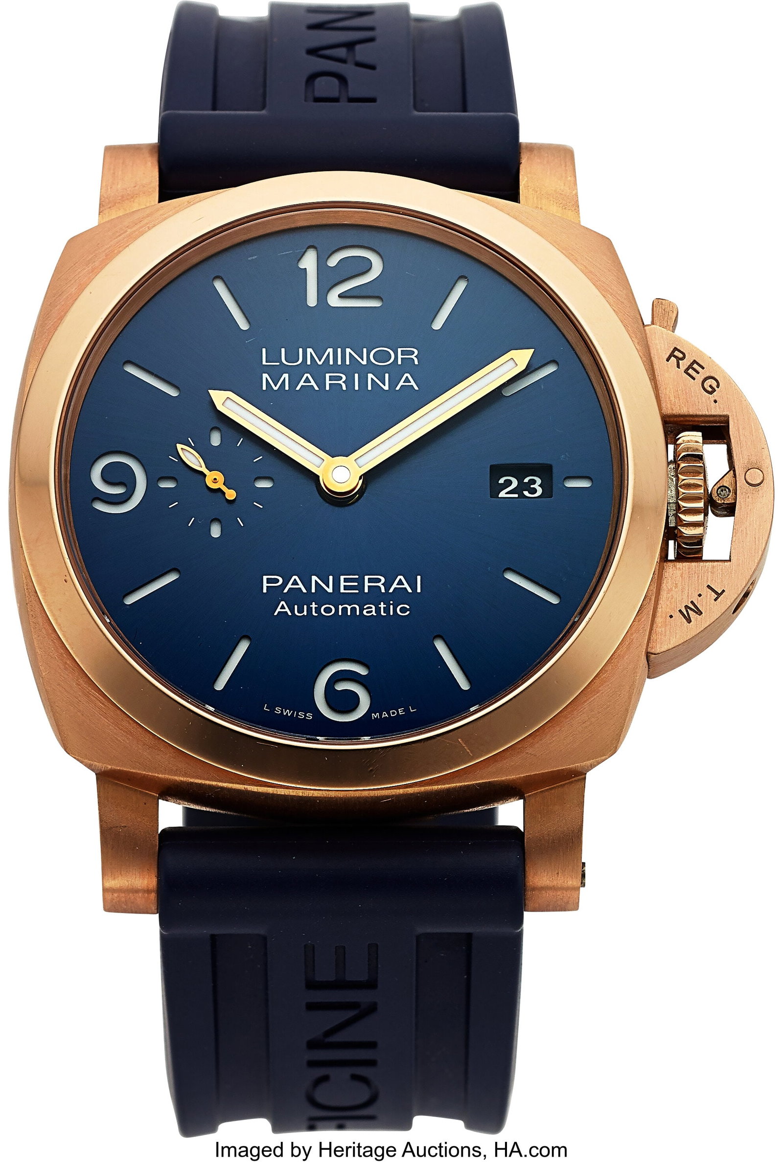 Panerai Luminor Marina, Goldtech, Full Set, Ref.: Panerai Luminor Marina, Goldtech, Full Set, Ref. PAM01112 Case: 44 mm, 18k Goldtech, three body, screw-down exhibition case back, trademark