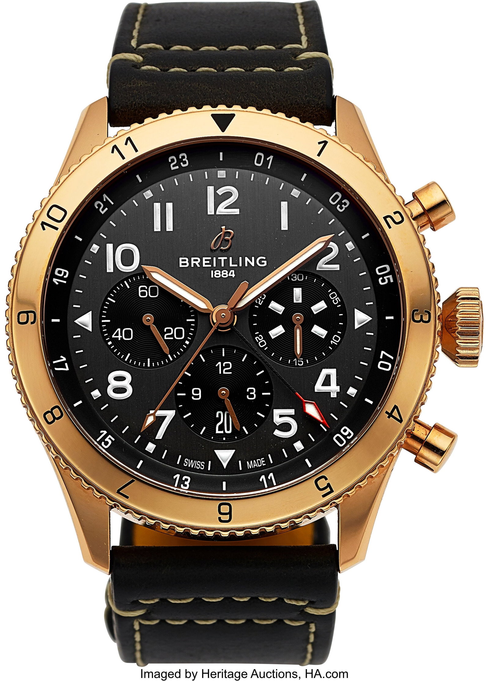 Breitling Classic AVI Super AVI GMT Chronograph : Breitling Classic AVI Super AVI GMT Chronograph P-51 Mustang, Full Set, Ref. RB0445 Case: 46 mm, 18k rose gold, three body, screw-down exhibition case back a