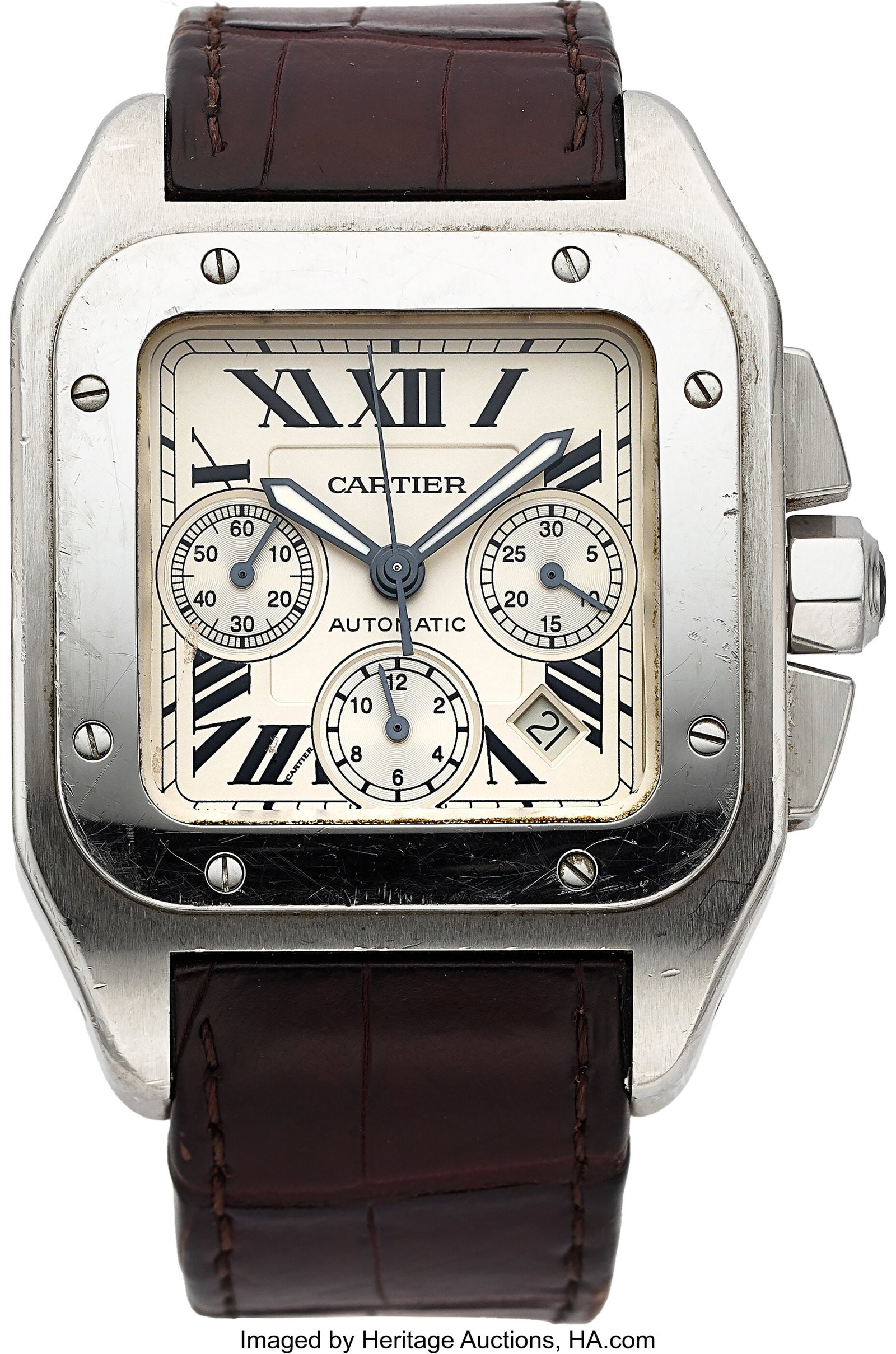 Cartier Santos 100 XL Chronograph, Ref. 2740 Ca: Cartier Santos 100 XL Chronograph, Ref. 2740 Case: 41 mm x 55 mm, stainless steel, three body, eight screw case back, No. 882870CE Dial: white