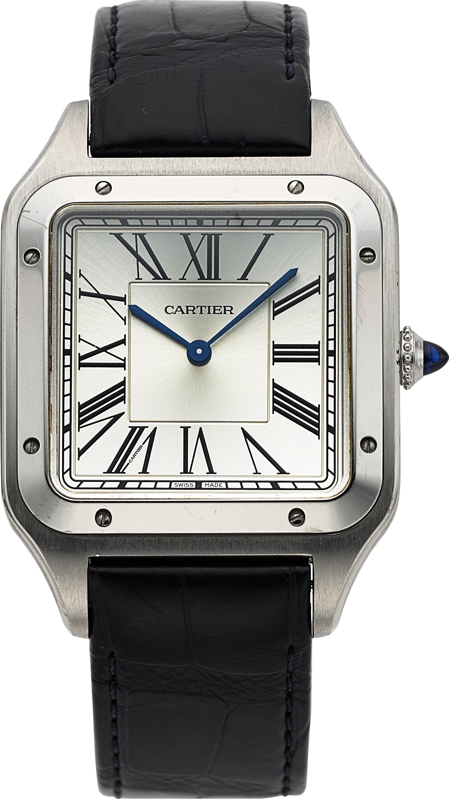Cartier Santos Dumont Mecanique, Ref. 4305 Case: Cartier Santos Dumont Mecanique, Ref. 4305 Case: 34 mm, stainless steel, three body, eight screw case back, jewels set crown, No. 305160CX