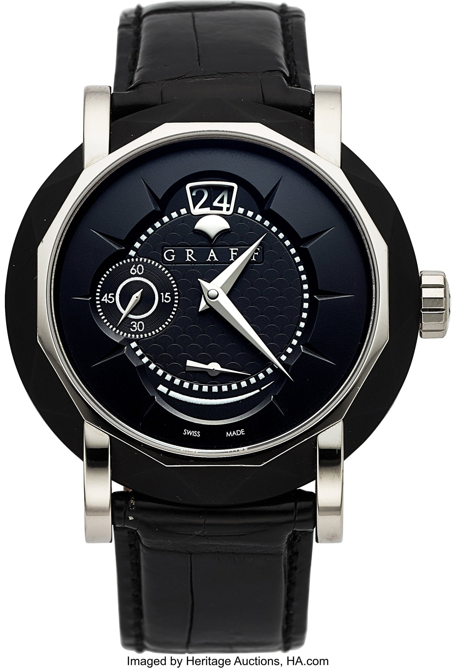 Graff Star Grand Date, Steel and 18k White Gold,: Graff Star Grand Date, Steel and 18k White Gold, Full Set, Ref. GW5434 Case: 45 mm, DLC coated steel and 18k white gold, two body, six screw exhibition