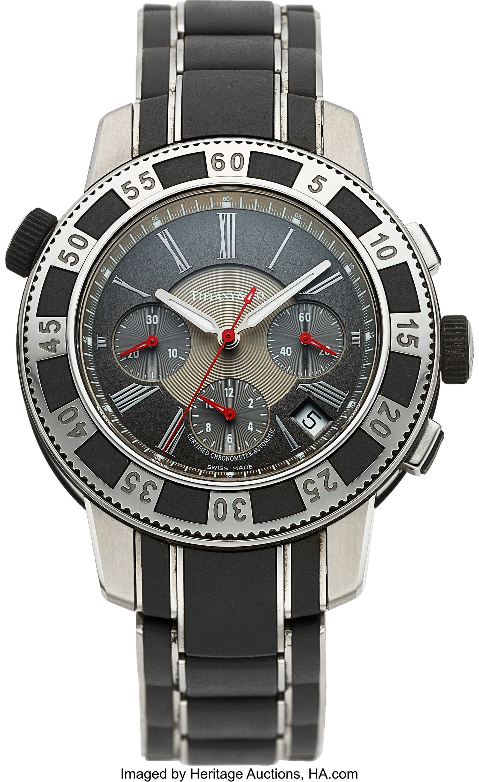 Tiffany and Co. T-57 Certified Chronometer, Full: Tiffany and Co. T-57 Certified Chronometer, Full Set, Ref. 18014629 Case: 42 mm, stainless steel, three body, screw-down exhibition case back,