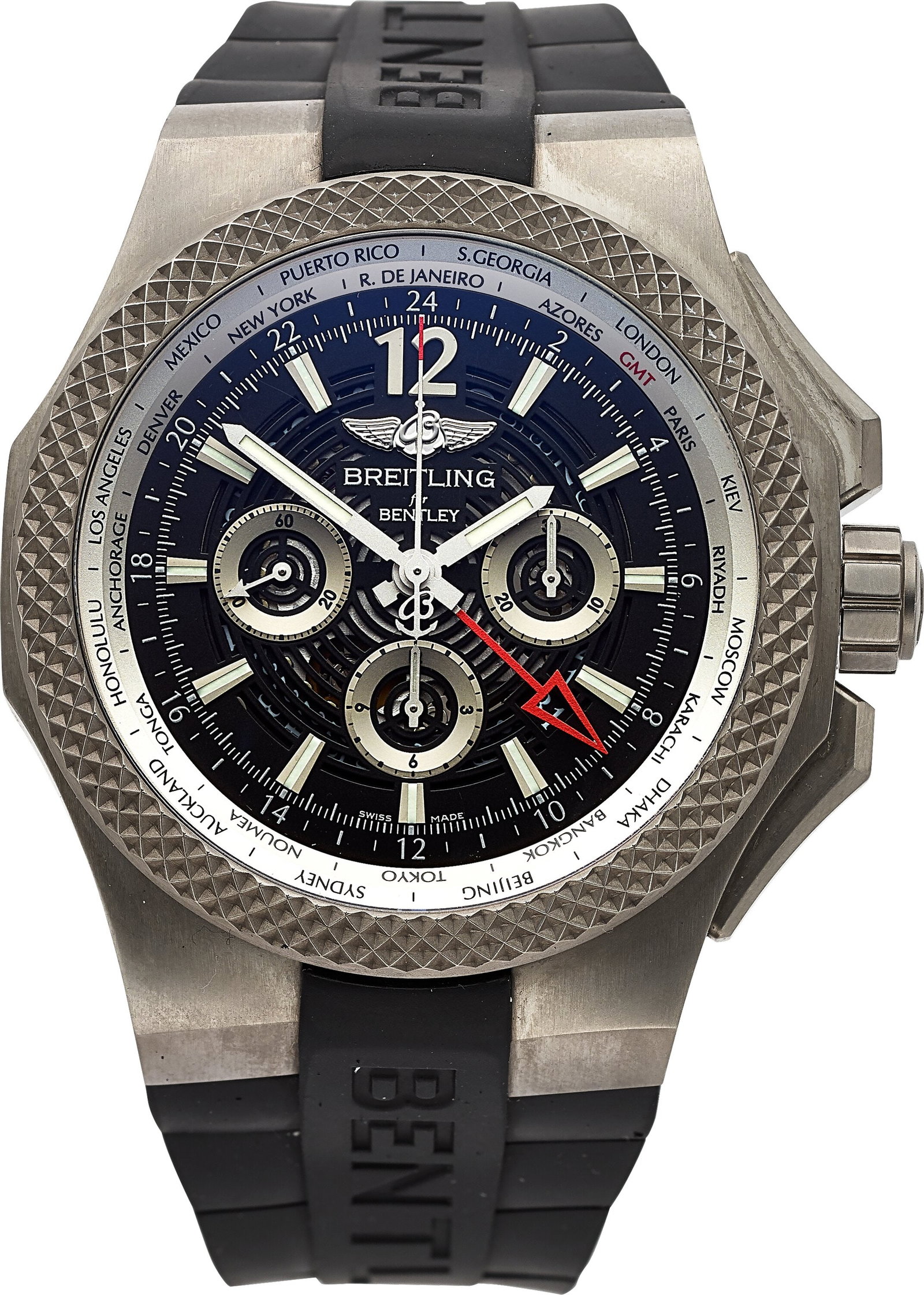 Breitling For Bentley GMT Lightbody, Ref. EB0432: Breitling For Bentley GMT Lightbody, Ref. EB0432 Case: 49 mm, titanium, three body, screw-down exhibition case back, bidirectional rotating GMT hobnail