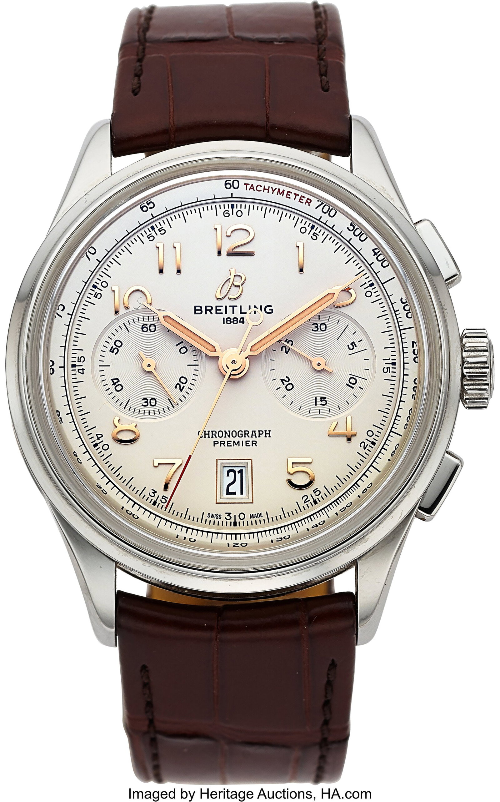 Breitling Premier B01 Chronograph, Ref. AB0145 : Breitling Premier B01 Chronograph, Ref. AB0145 Case: 42 mm, stainless steel, three body, screw-down exhibition case back, domed bezel, No.