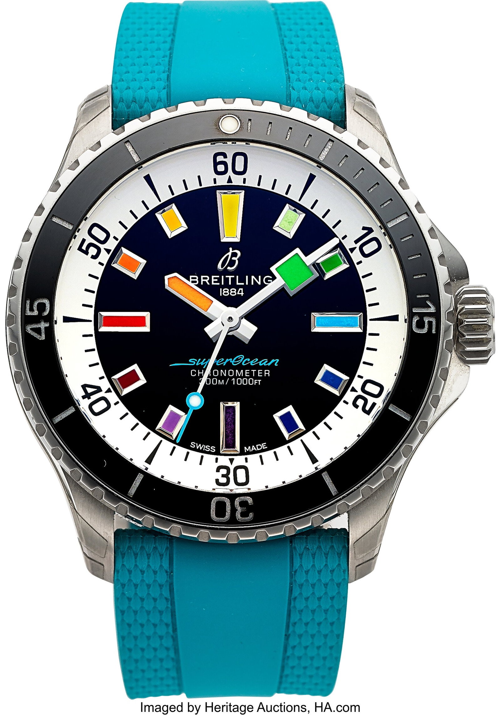 Breitling Superocean Rainbow, Full Set, Ref. A17: Breitling Superocean Rainbow, Full Set, Ref. A17375 Case: 42 mm, stainless steel, three body, screw-down case back and crown, unidirectional ratcheted