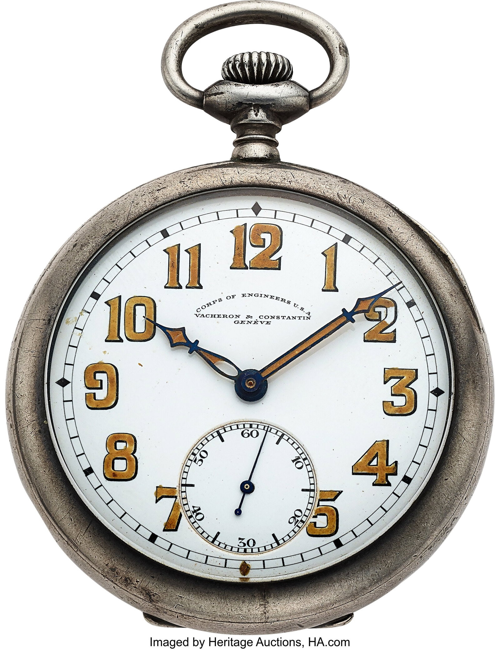 Vacheron & Constantin .900 Silver Corps of Engin: Vacheron & Constantin .900 Silver Corps of Engineers Pocket Watch, circa 1920 Case: 50 mm, .900 silver, four body, double hinged back, No.