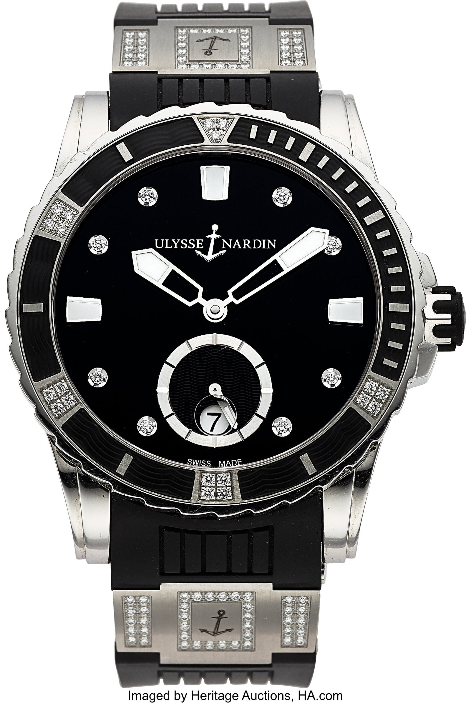 Ulysse Nardin Ladies Marine Diver, Diamond Set D: Ulysse Nardin Ladies Marine Diver, Diamond Set Dial and Bezel, Ref. 3203-190 Case: 40 mm, stainless steel, three body, six screw exhibition case back,