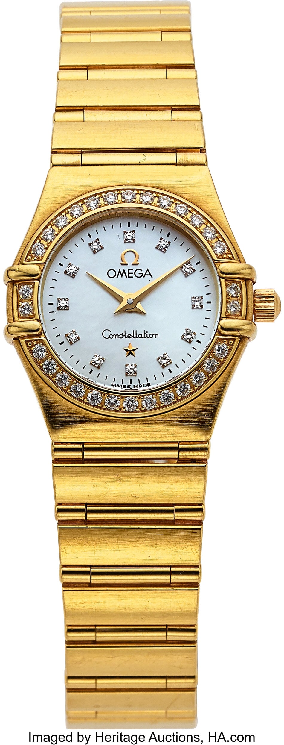 Omega Ladies Constellation 18k Yellow Gold, Diam: Omega Ladies Constellation 18k Yellow Gold, Diamond Set, Ref. 1167.75.00 Case: 22 mm, 18k yellow gold, three body, snap on case back,
