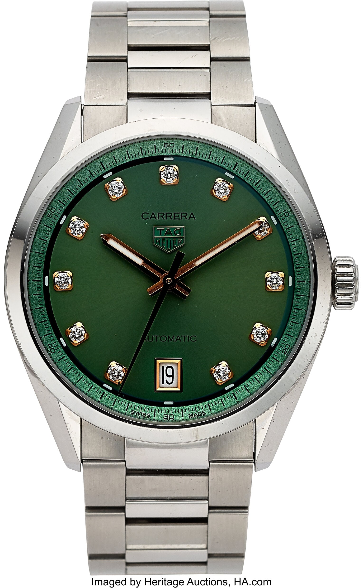 Tag Heuer Carrera Date, Teal Dial, Ref. WBN2317 : Tag Heuer Carrera Date, Teal Dial, Ref. WBN2317 Case: 36 mm, stainless steel, three body, screw-down exhibition case back, fixed domed bezel,
