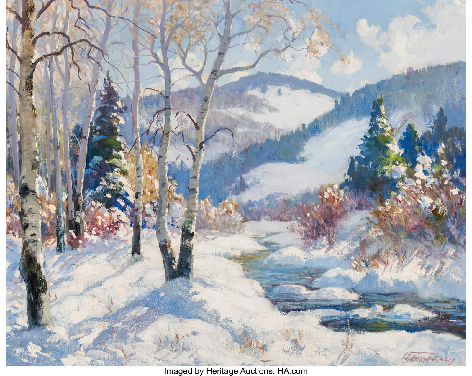 Fremont F. Ellis (American, 1897-1985) Santa Fe : Fremont F. Ellis (American, 1897-1985) Santa Fe Canyon, Winter Haze Oil on canvas 24 x 30 inches (61.0 x 76.2 cm) Signed lower right: Fremont